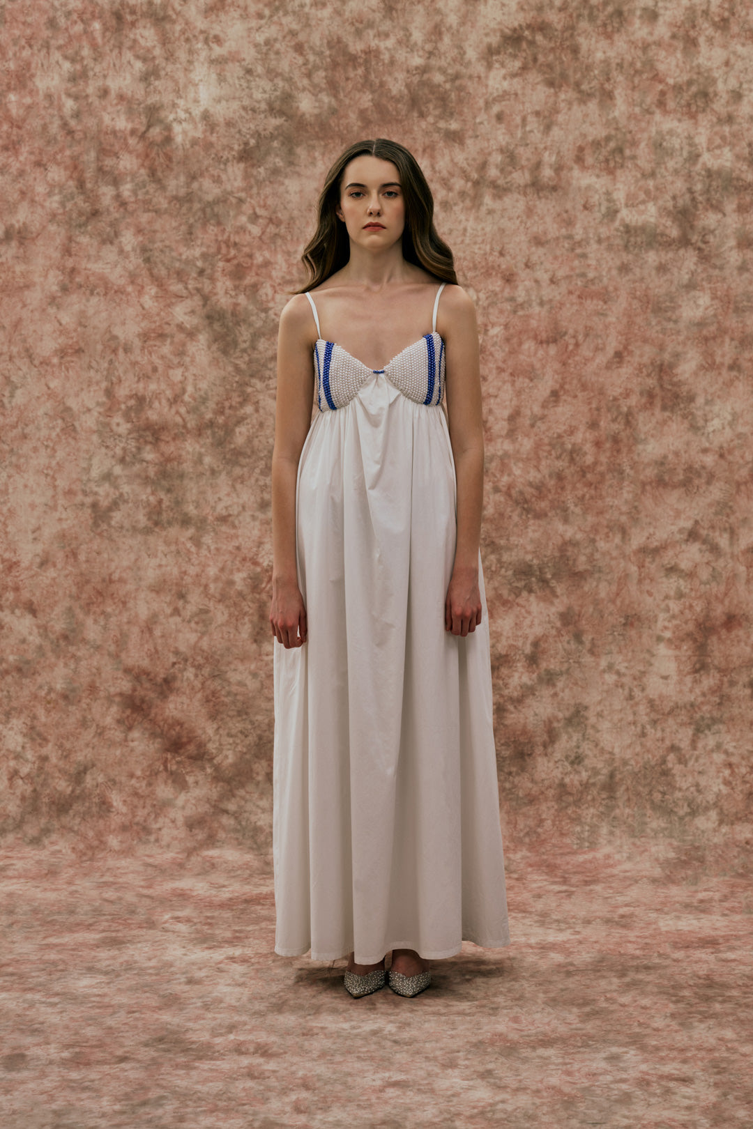 WHITE MAXI DRESS WITH PEARL DETAIL