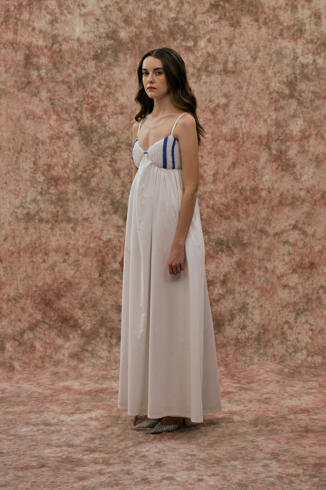 WHITE MAXI DRESS WITH PEARL DETAIL