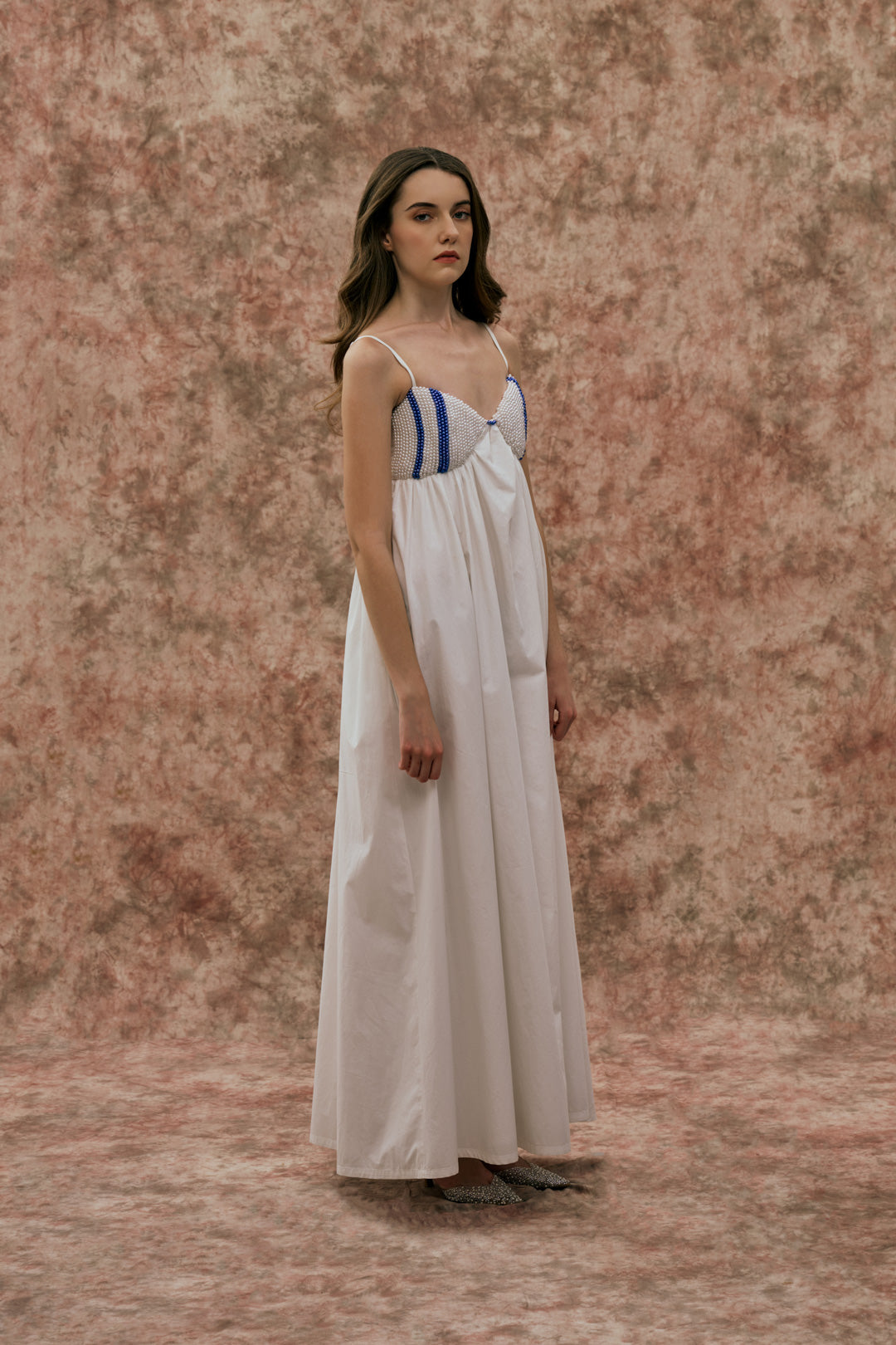 WHITE MAXI DRESS WITH PEARL DETAIL