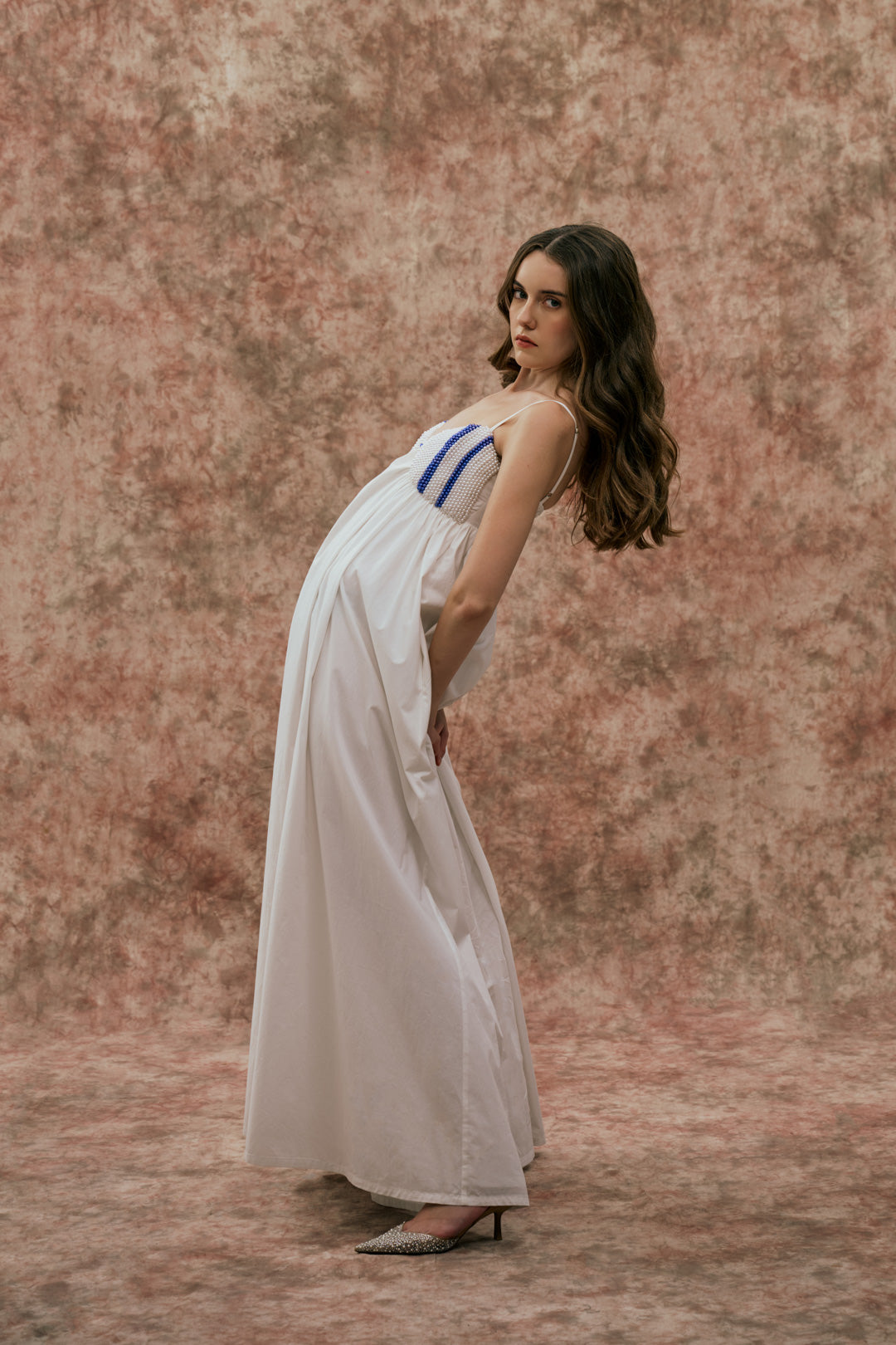 WHITE MAXI DRESS WITH PEARL DETAIL