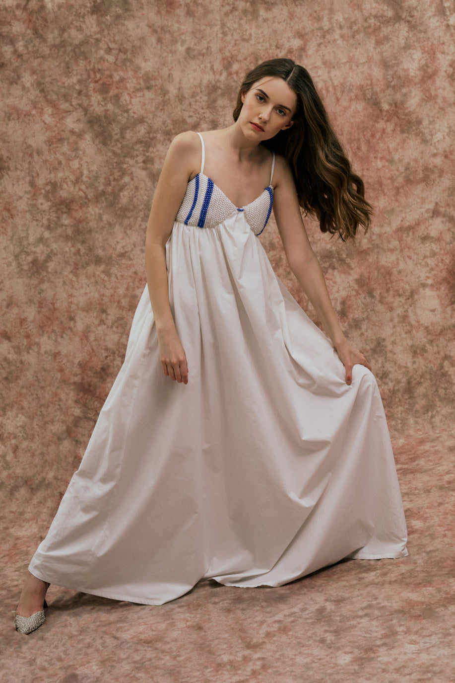 WHITE MAXI DRESS WITH PEARL DETAIL