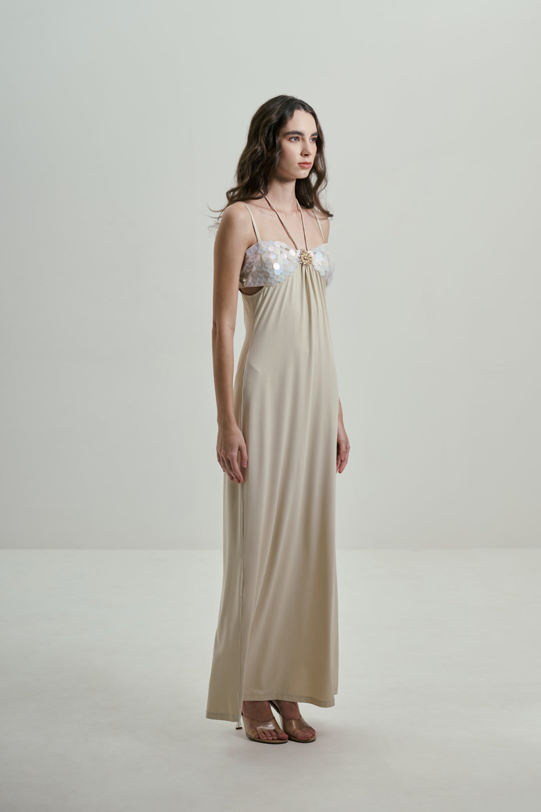 IVORY MAXI DRESS WITH SEQUINS BUST DETAILS