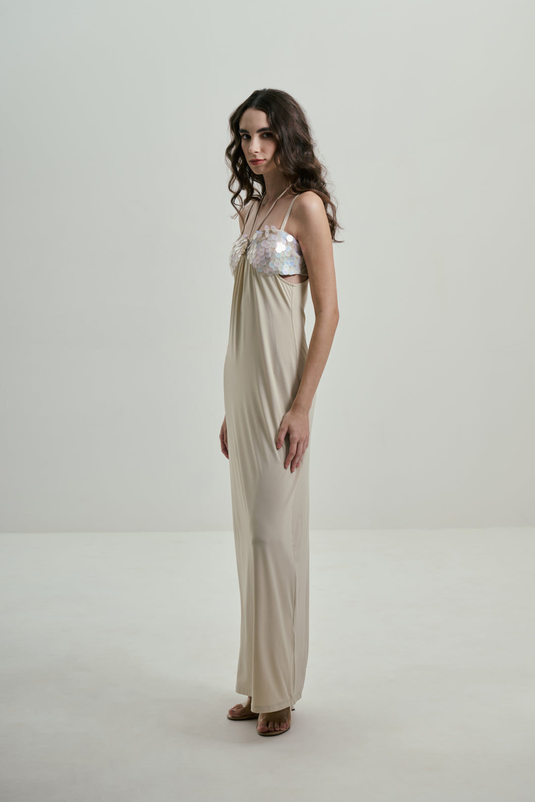 IVORY MAXI DRESS WITH SEQUINS BUST DETAILS