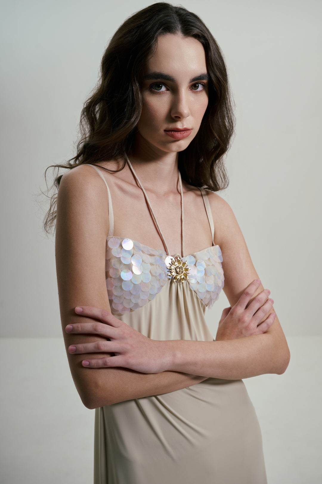 IVORY MAXI DRESS WITH SEQUINS BUST DETAILS