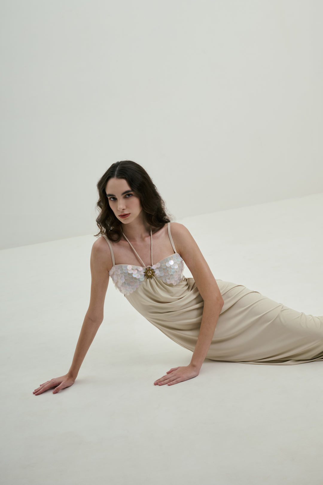 IVORY MAXI DRESS WITH SEQUINS BUST DETAILS