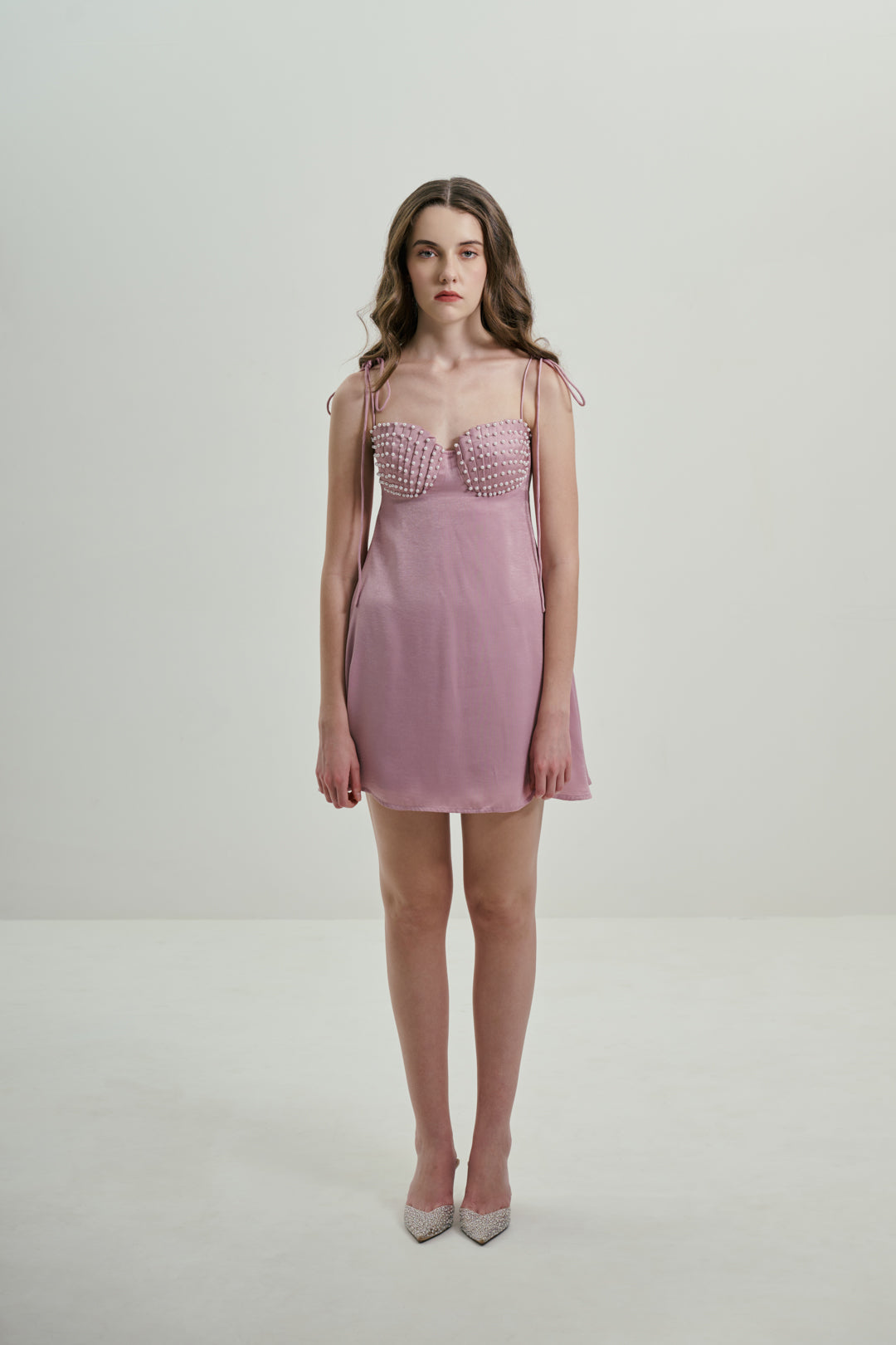 PINK MINI DRESS WITH SHELL BUST DETAIL