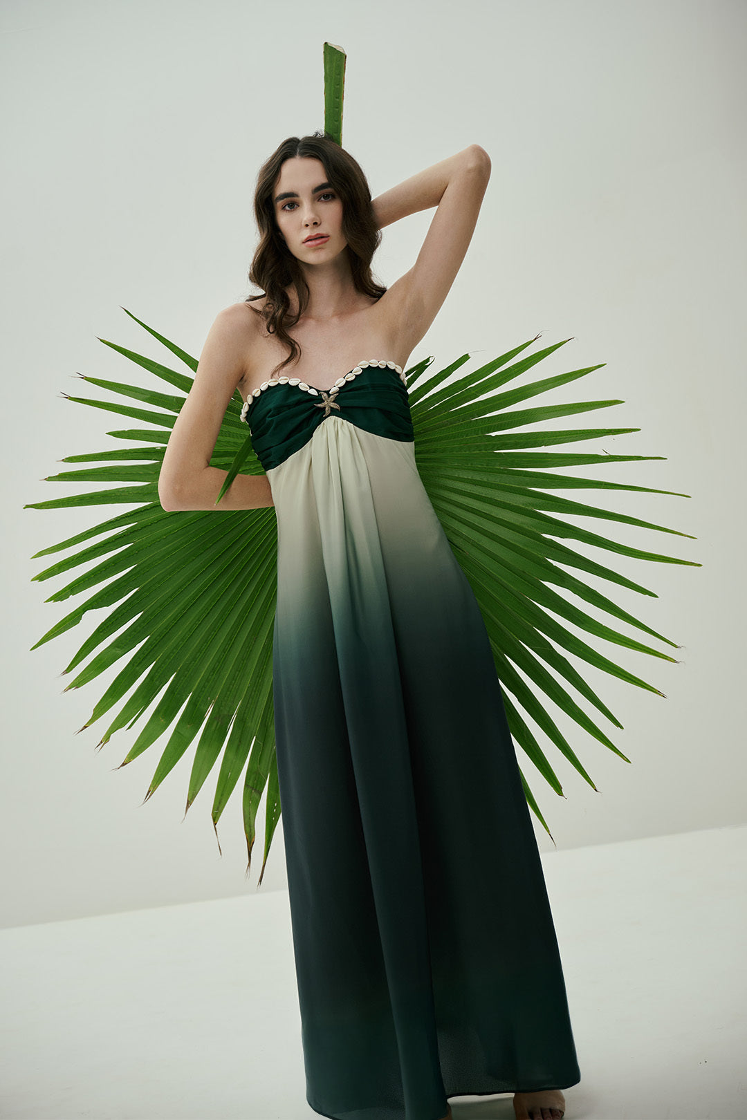 STRAPLESS OMBRE GREEN MAXI DRESS WITH COWRIE DETAIL