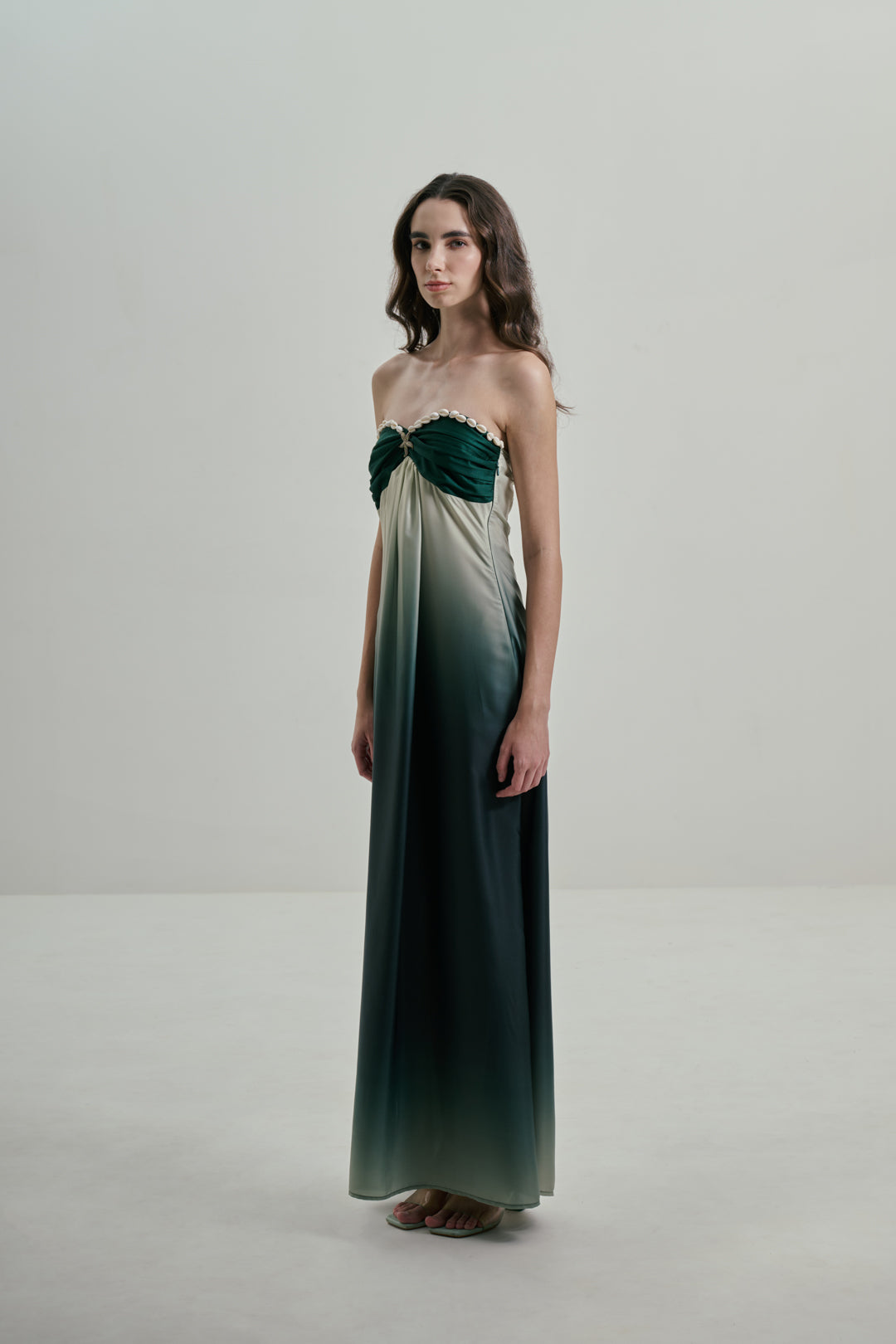 STRAPLESS OMBRE GREEN MAXI DRESS WITH COWRIE DETAIL