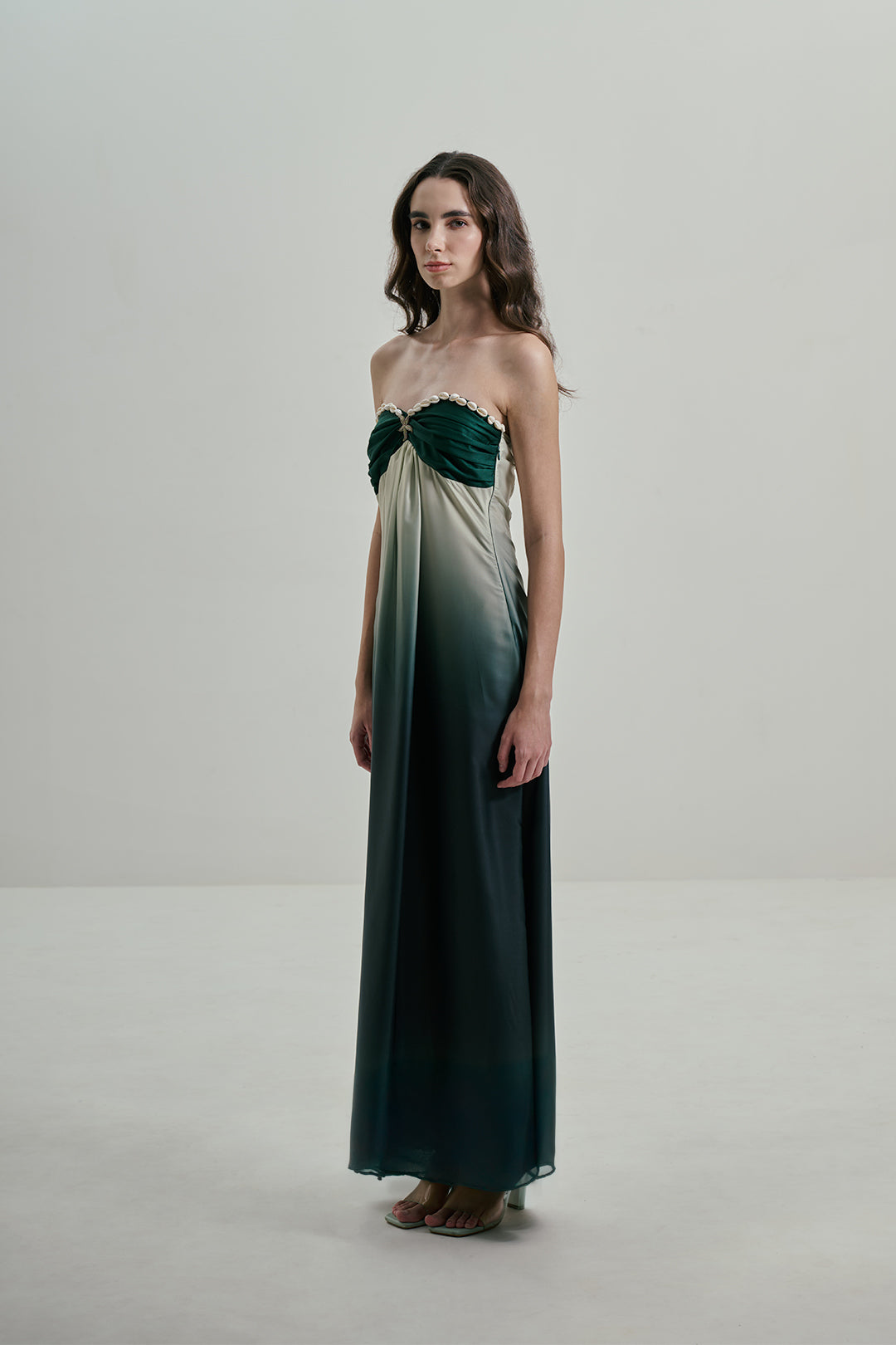 STRAPLESS OMBRE GREEN MAXI DRESS WITH COWRIE DETAIL