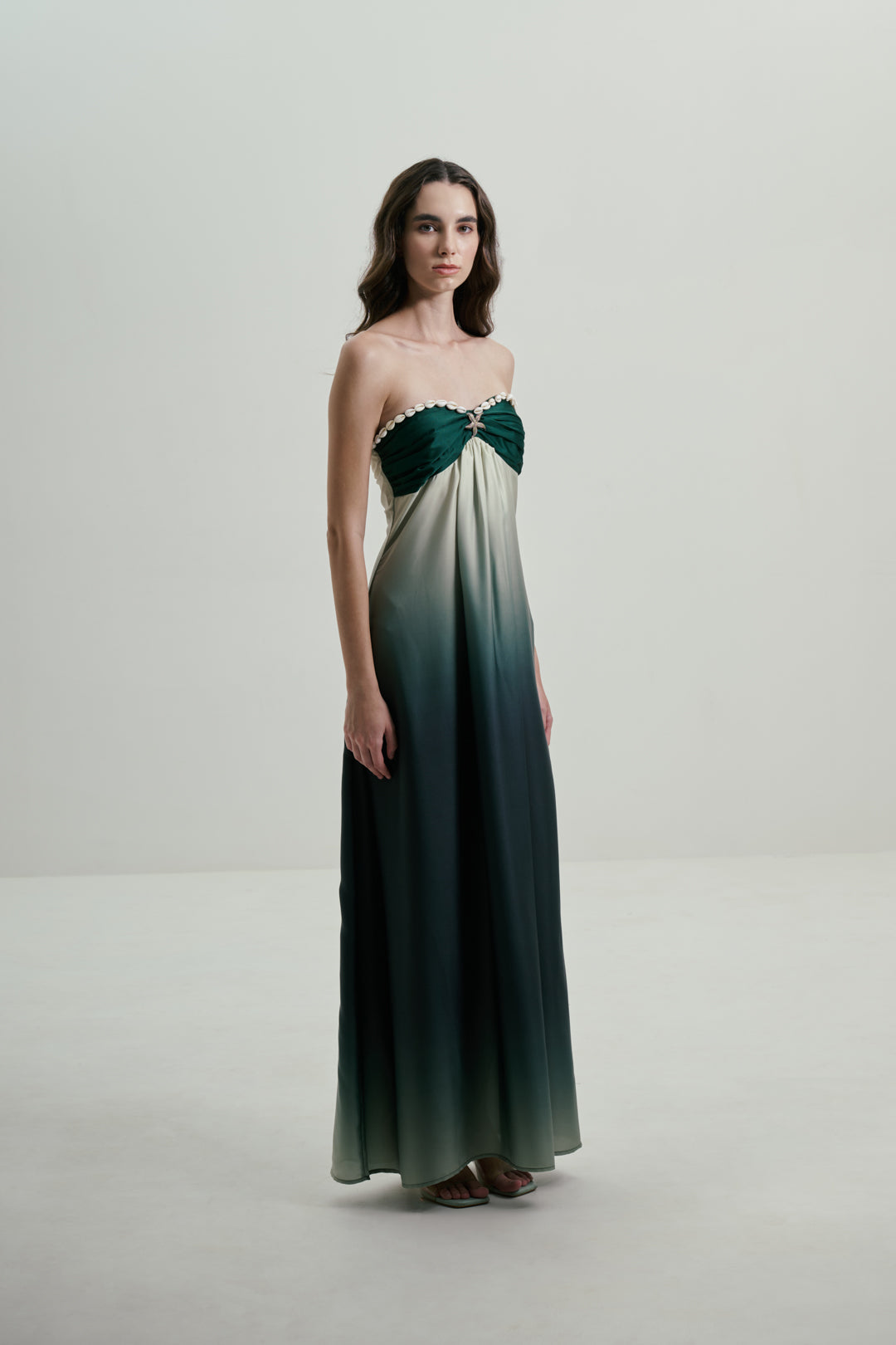STRAPLESS OMBRE GREEN MAXI DRESS WITH COWRIE DETAIL