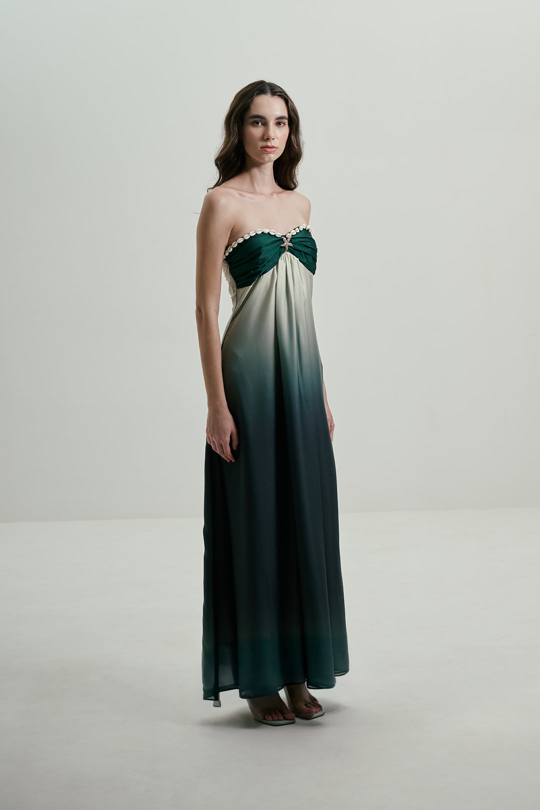 STRAPLESS OMBRE GREEN MAXI DRESS WITH COWRIE DETAIL