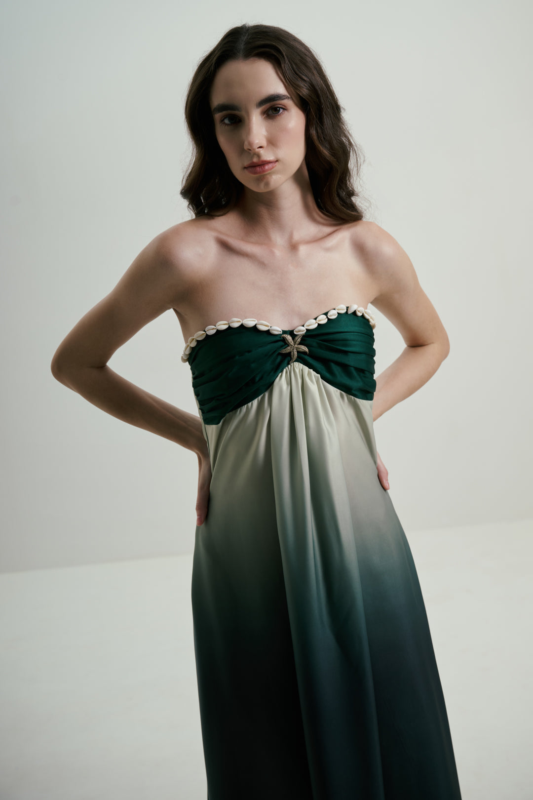 STRAPLESS OMBRE GREEN MAXI DRESS WITH COWRIE DETAIL