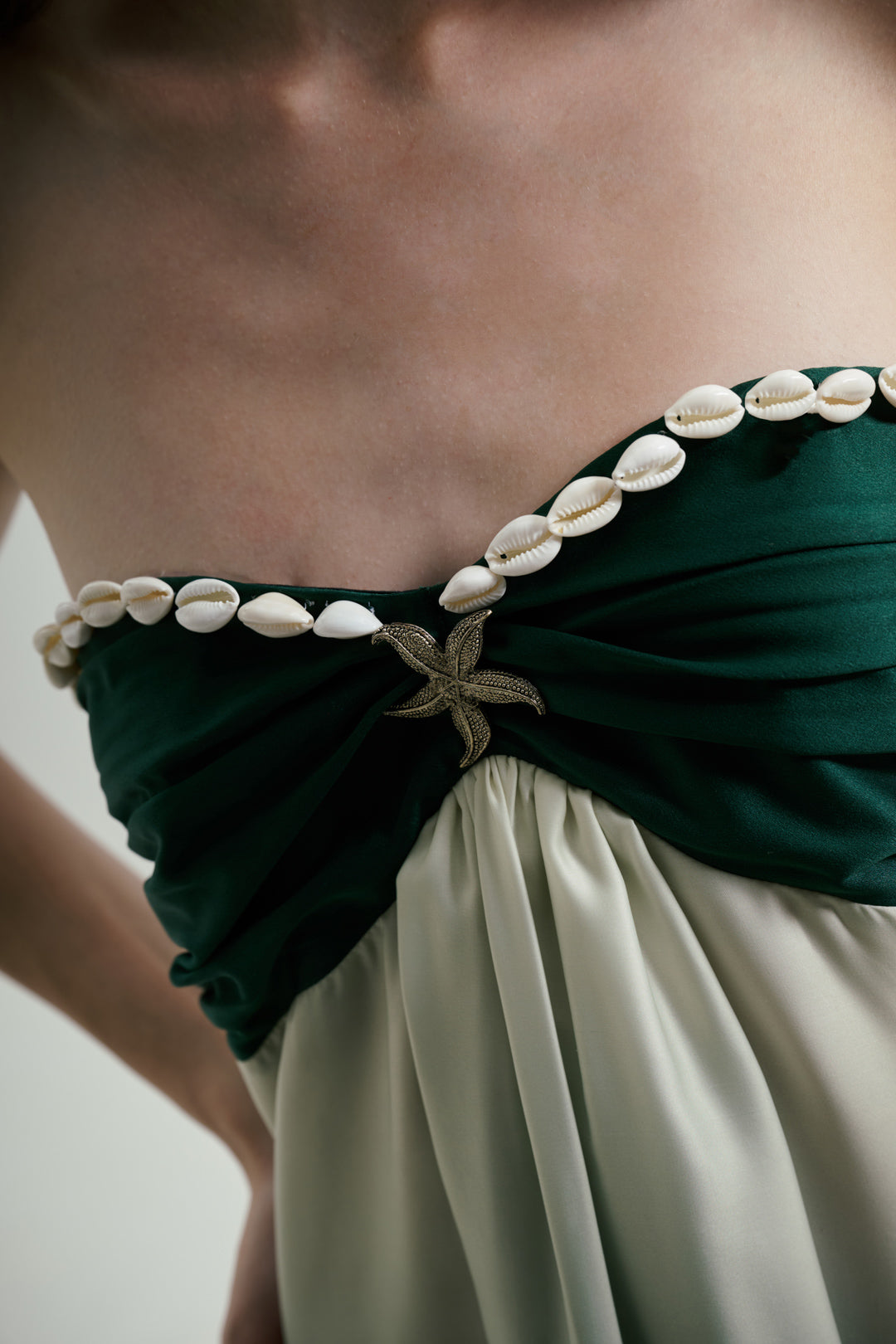 STRAPLESS OMBRE GREEN MAXI DRESS WITH COWRIE DETAIL