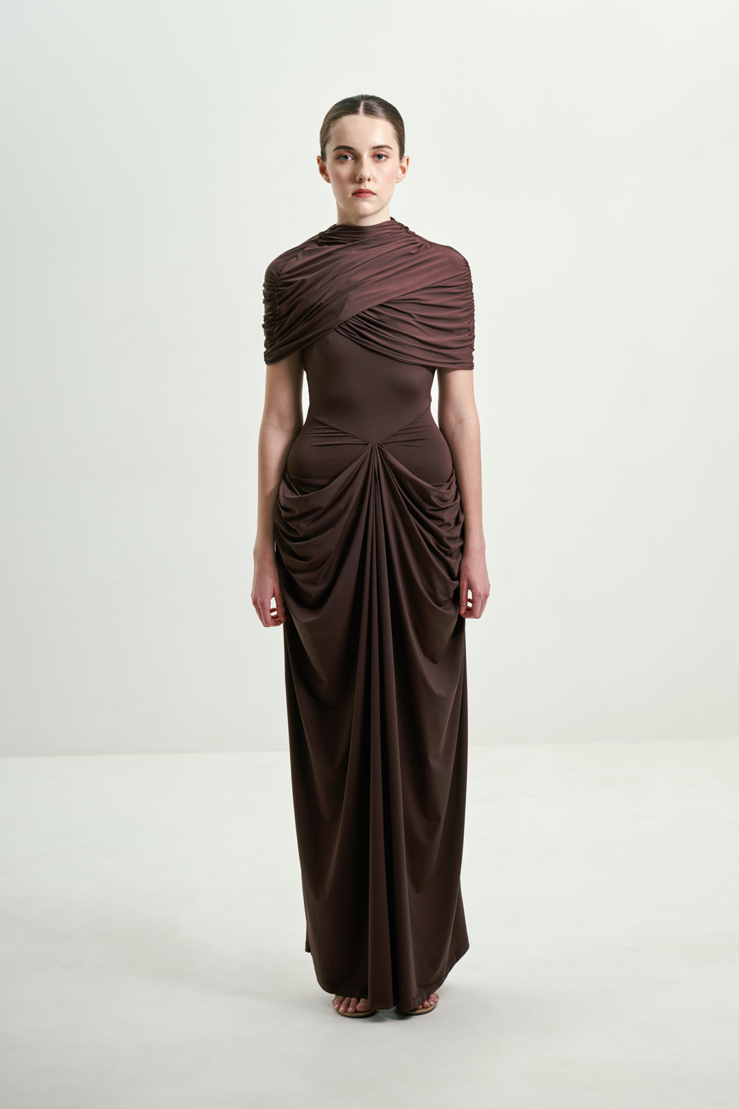 BROWN DRAPED GOWN WITH DETACHABLE CAPE