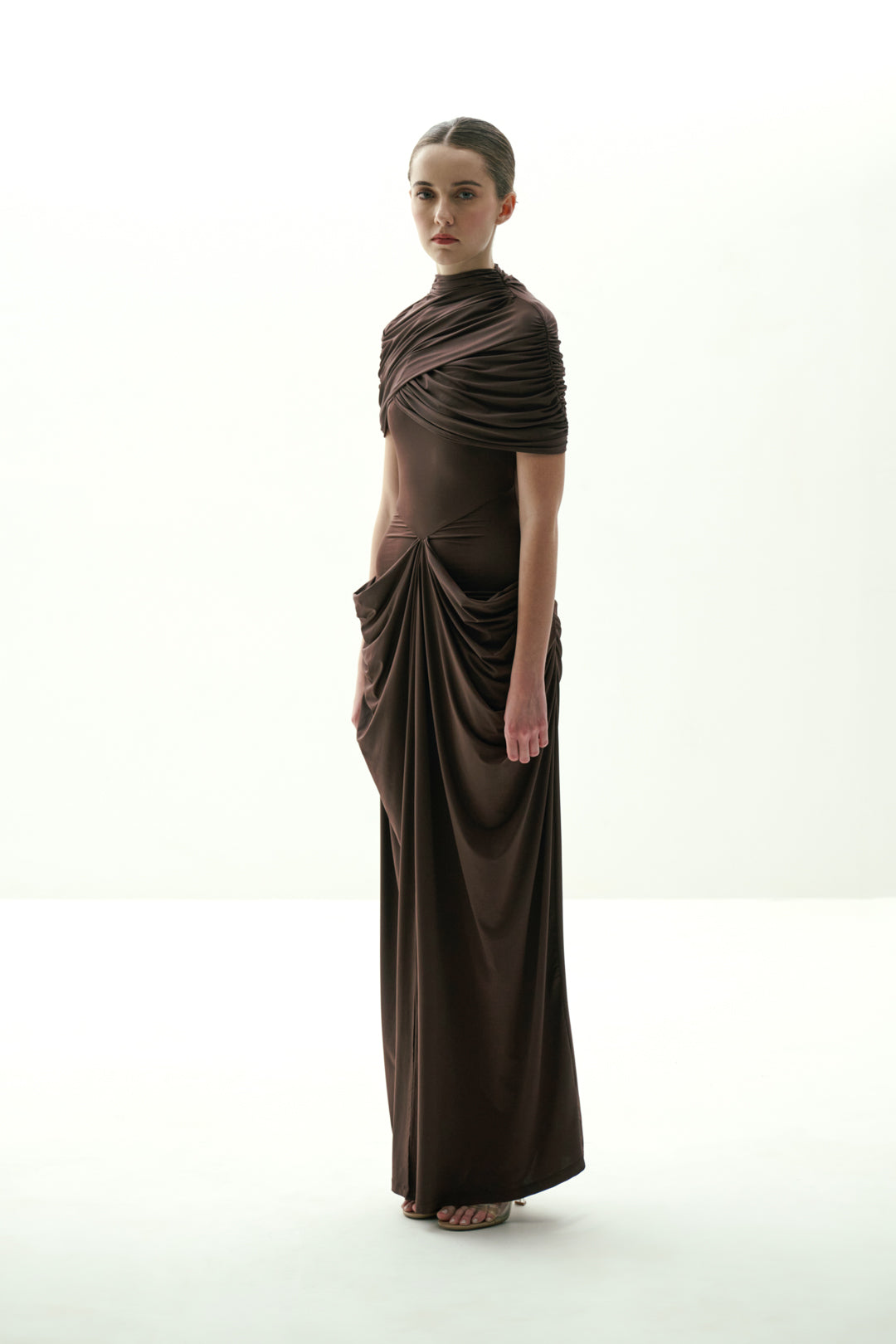 BROWN DRAPED GOWN WITH DETACHABLE CAPE