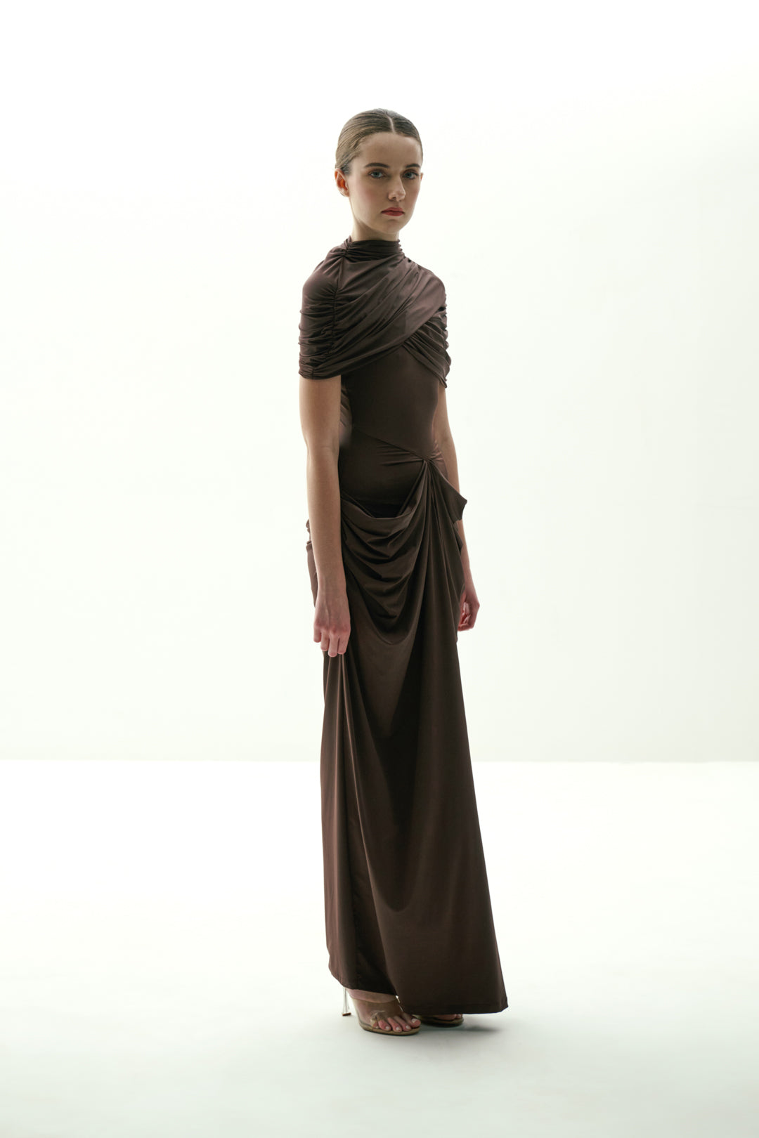 BROWN DRAPED GOWN WITH DETACHABLE CAPE