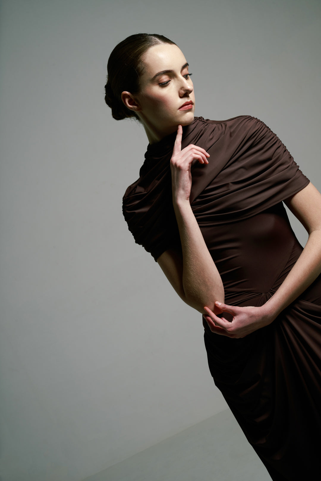 BROWN DRAPED GOWN WITH DETACHABLE CAPE
