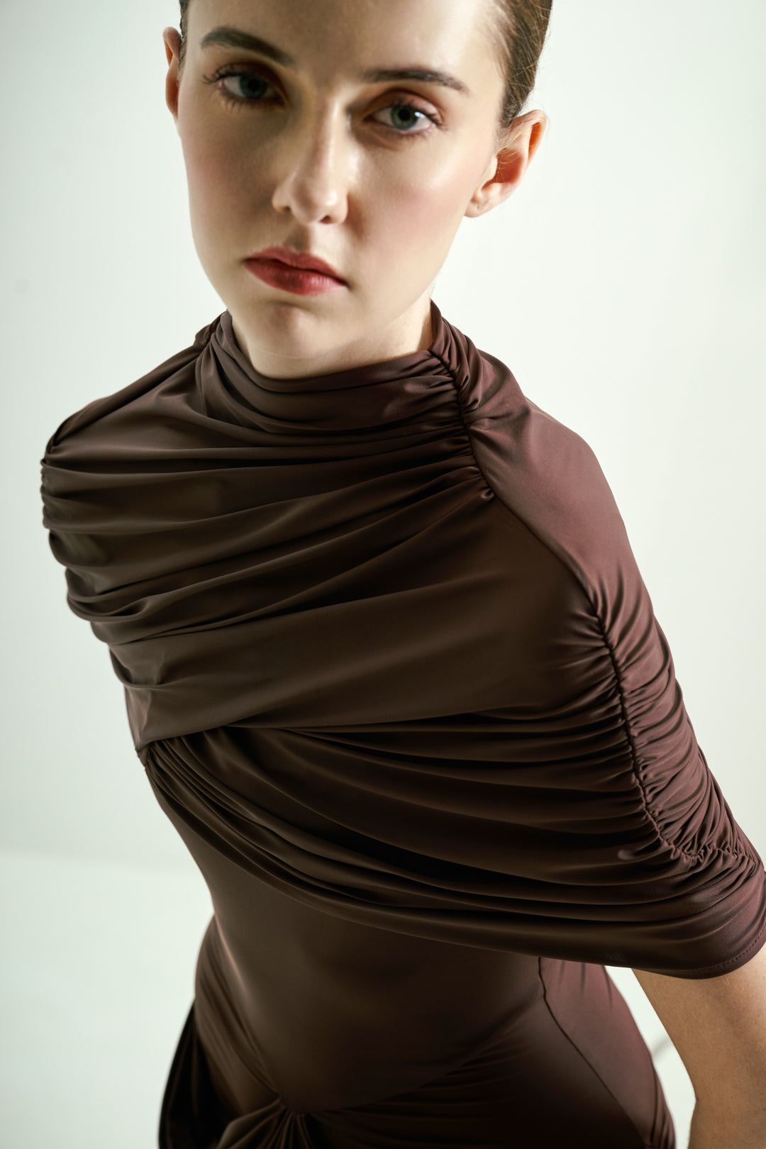 BROWN DRAPED GOWN WITH DETACHABLE CAPE