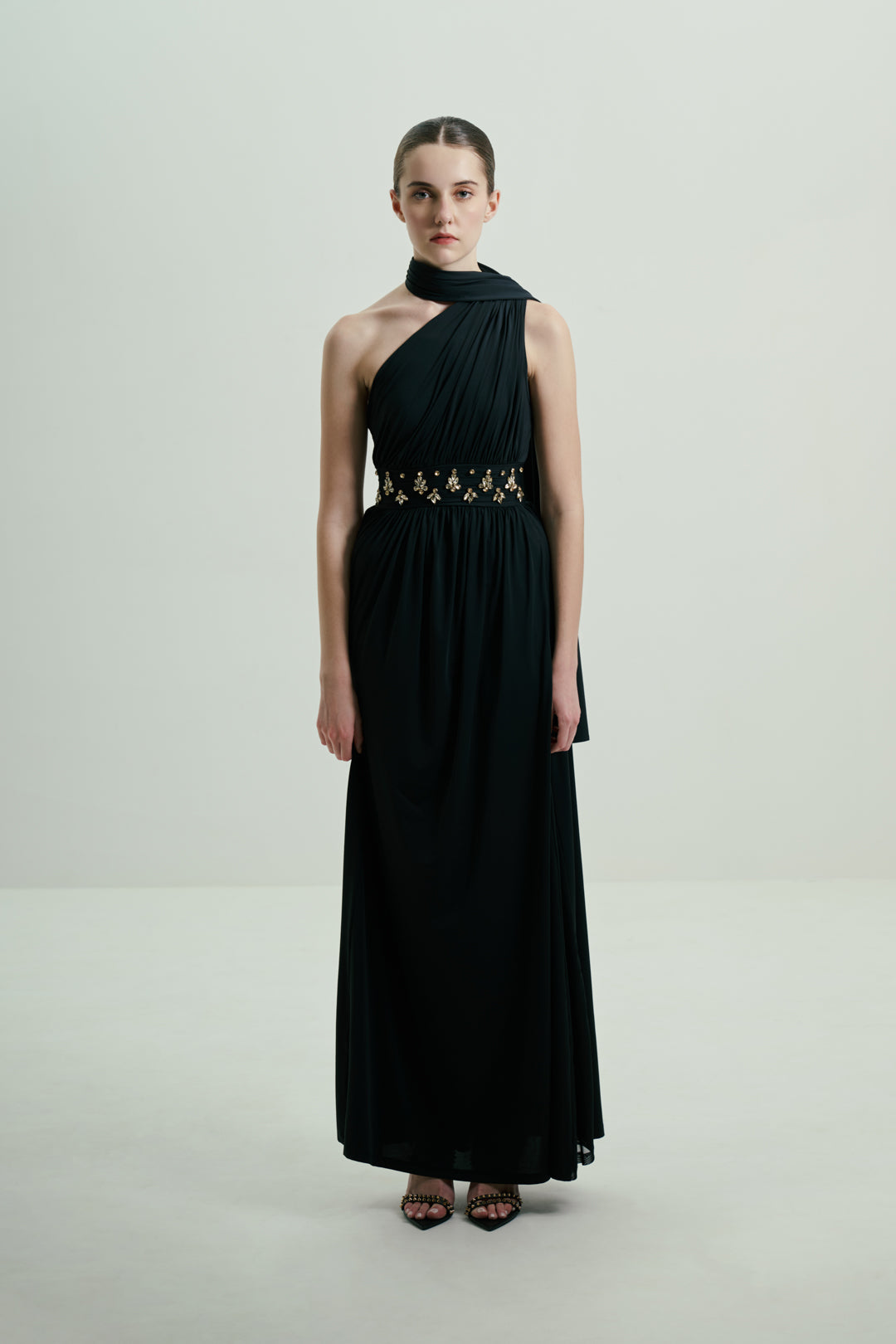 BLACK ONE-SHOULDER DRAPED GOWN WITH EMBELLISHED WAIST