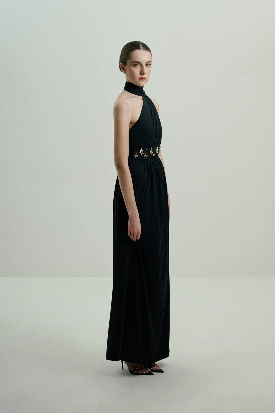 BLACK ONE-SHOULDER DRAPED GOWN WITH EMBELLISHED WAIST