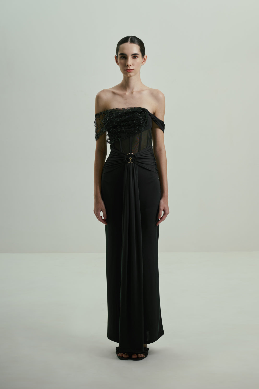 BLACK SEQUINED OFF-SHOULDER GOWN