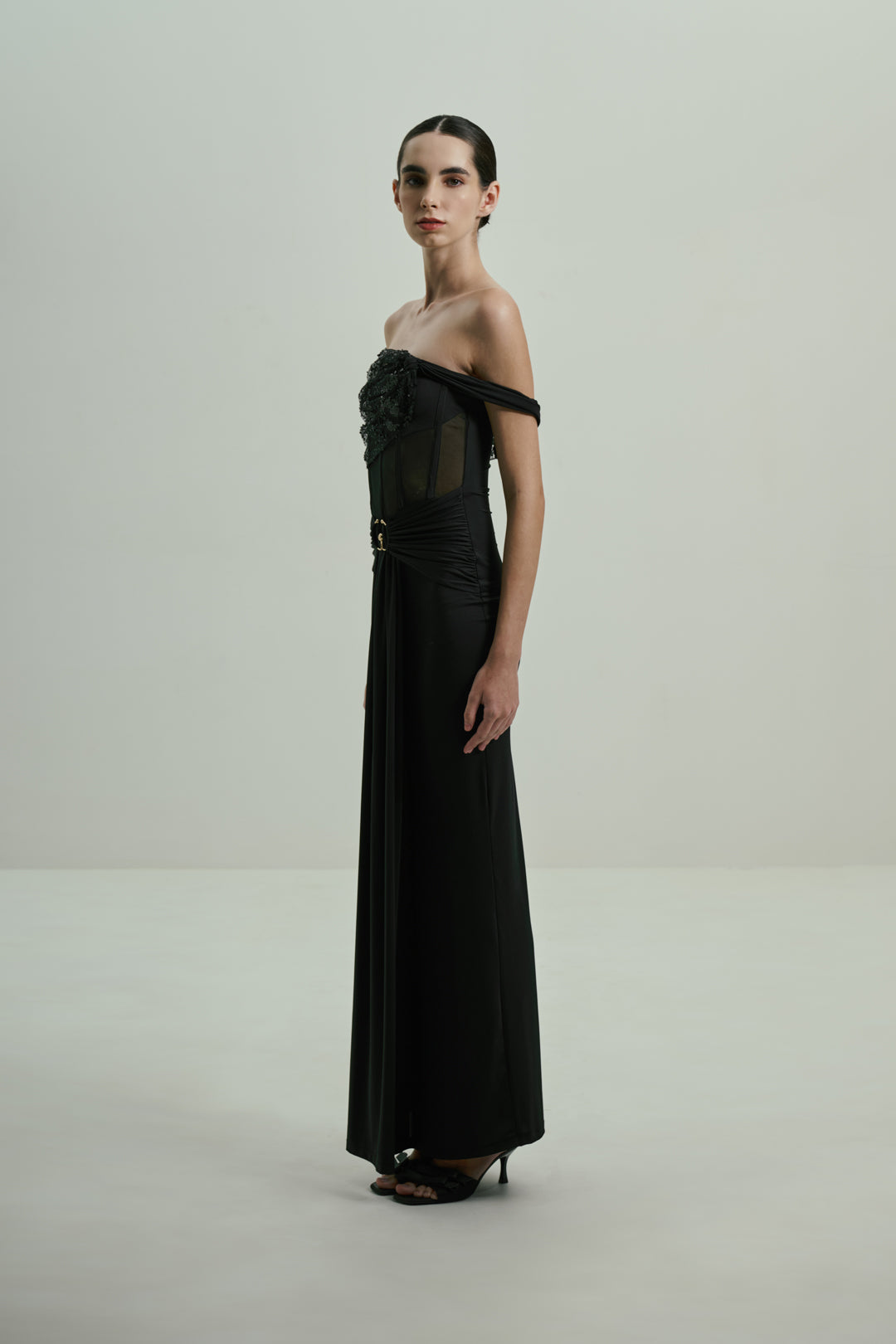 BLACK SEQUINED OFF-SHOULDER GOWN