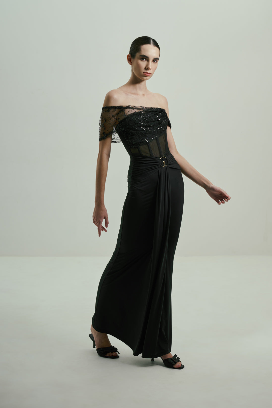 BLACK SEQUINED OFF-SHOULDER GOWN