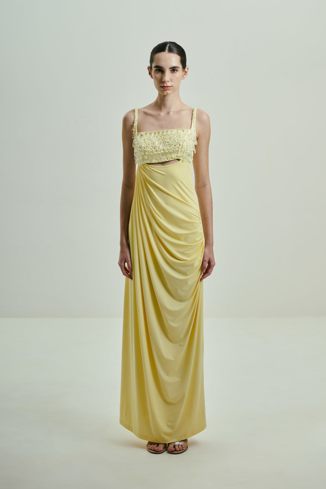 BUTTER YELLOW DRAPED GOWN WITH CRYSTAL-EMBELLISHED BUST