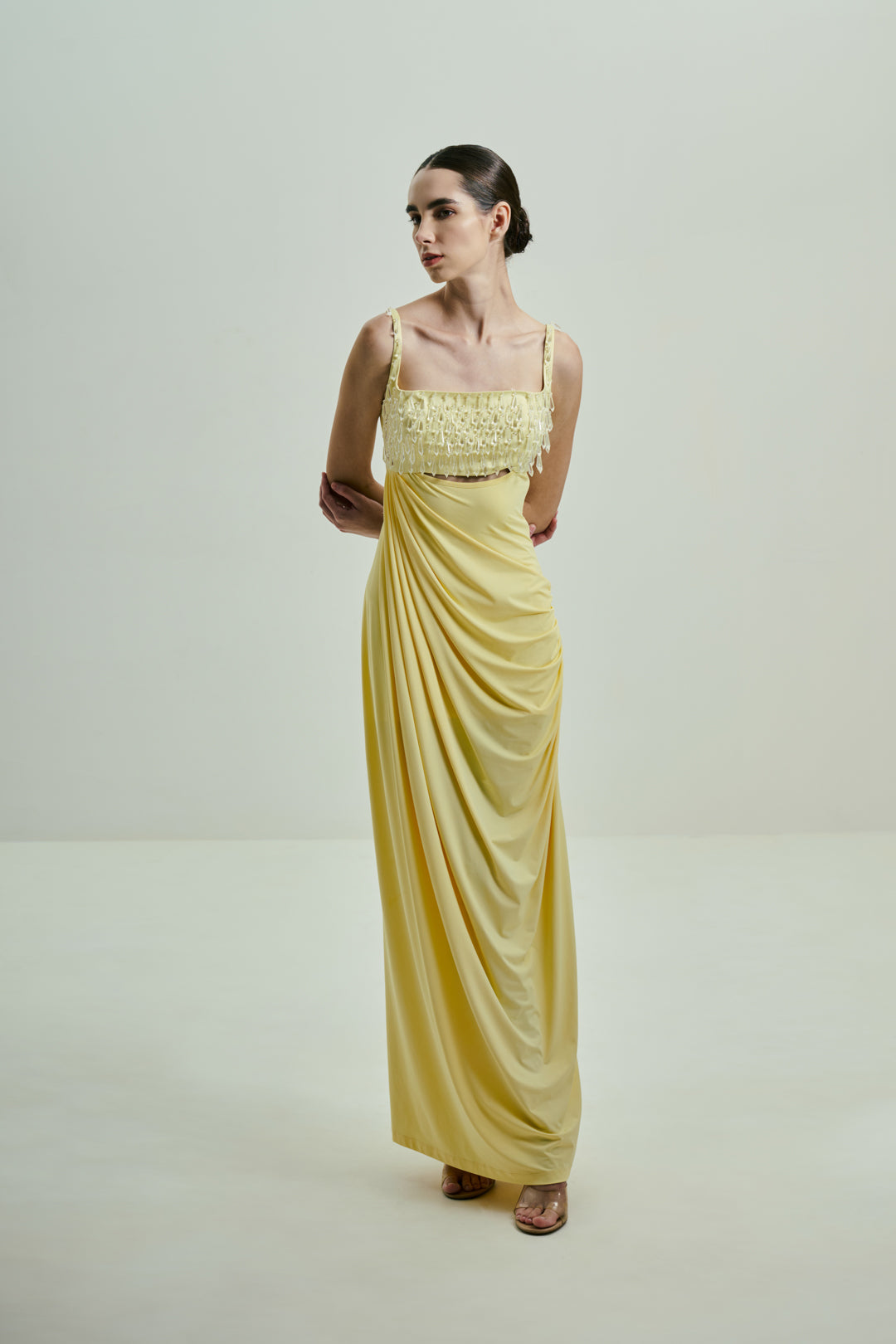 BUTTER YELLOW DRAPED GOWN WITH CRYSTAL-EMBELLISHED BUST