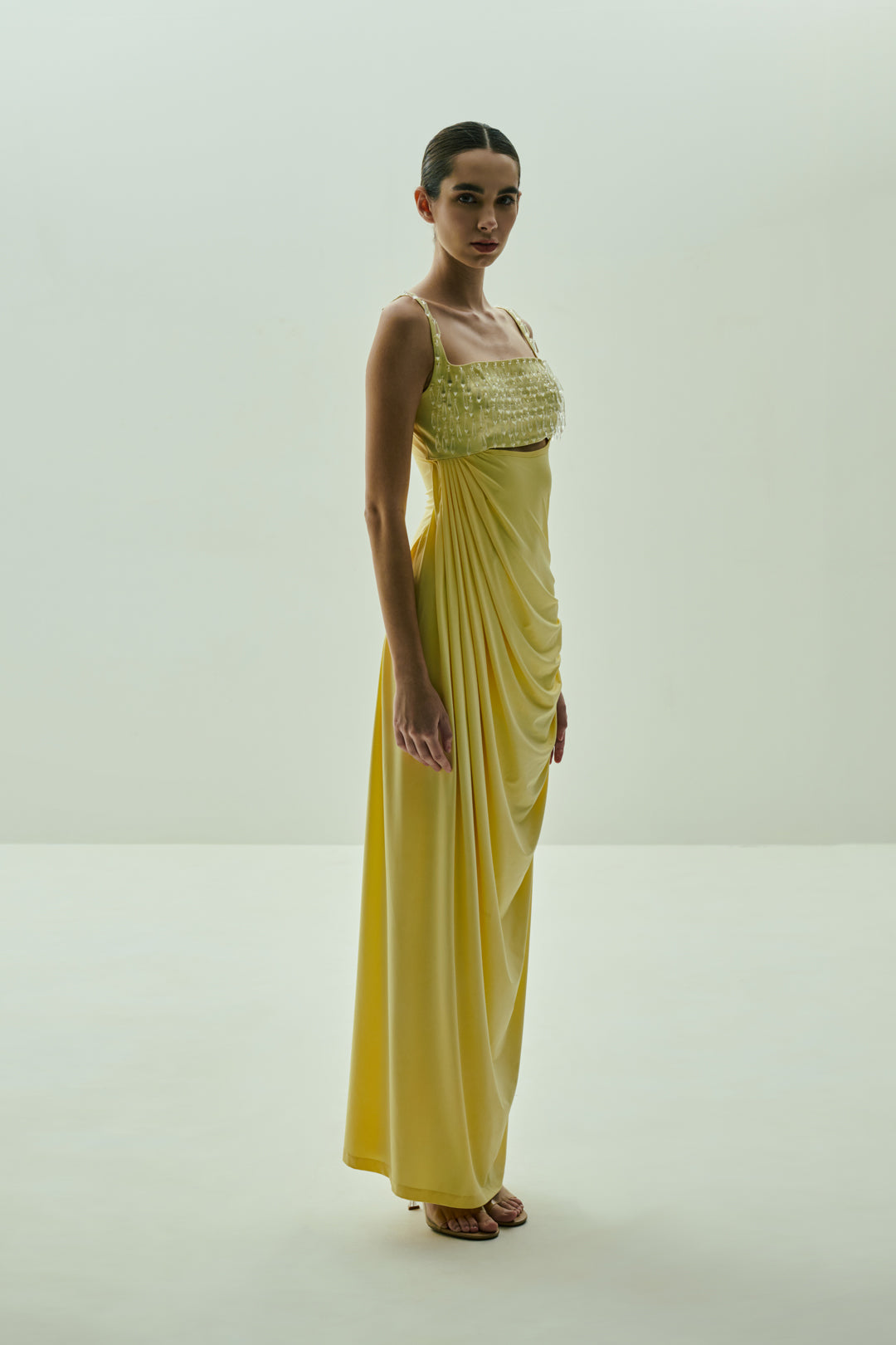 BUTTER YELLOW DRAPED GOWN WITH CRYSTAL-EMBELLISHED BUST