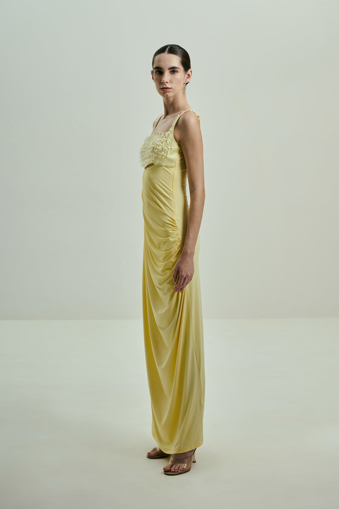 BUTTER YELLOW DRAPED GOWN WITH CRYSTAL-EMBELLISHED BUST