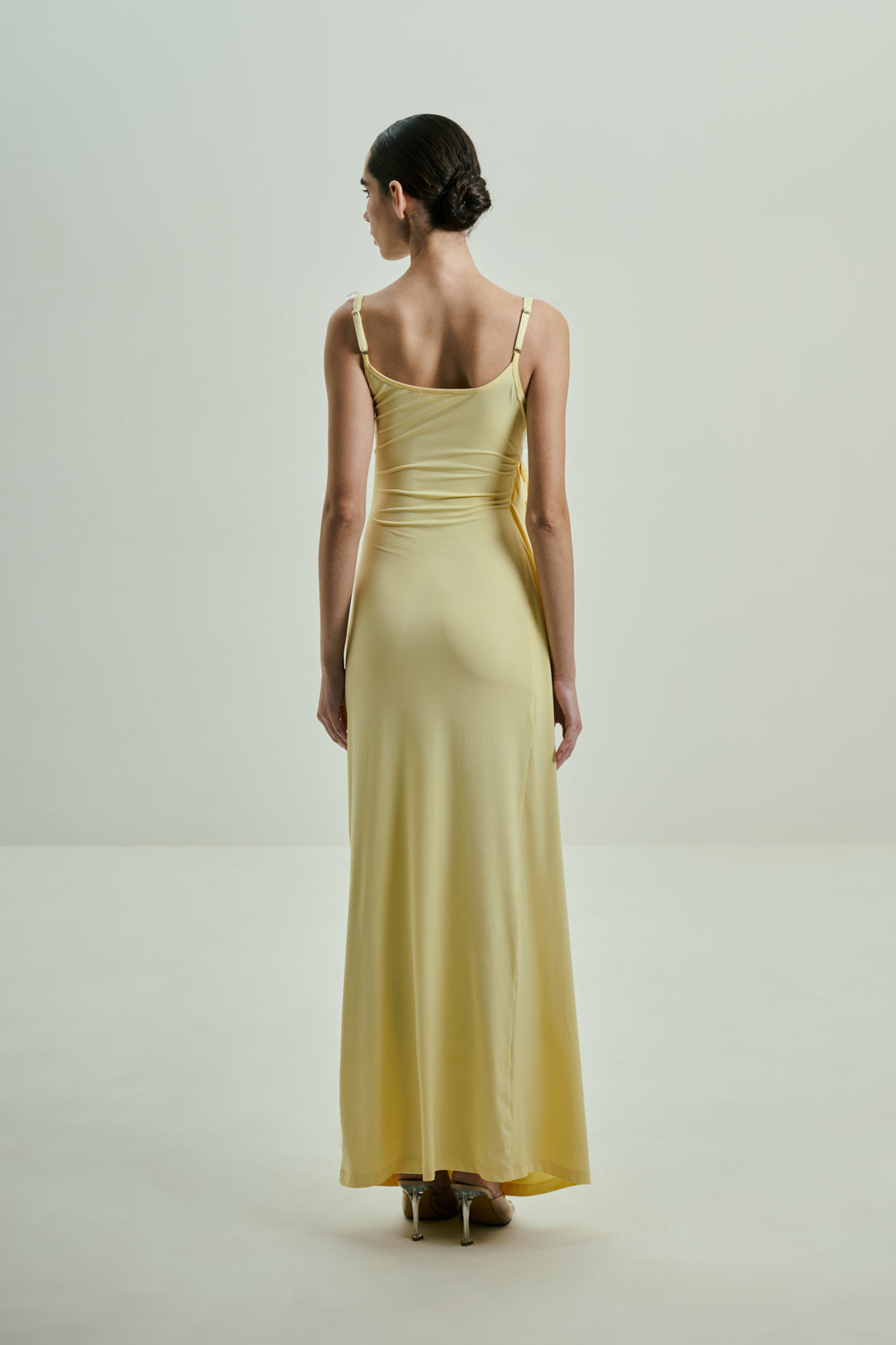 BUTTER YELLOW DRAPED GOWN WITH CRYSTAL-EMBELLISHED BUST