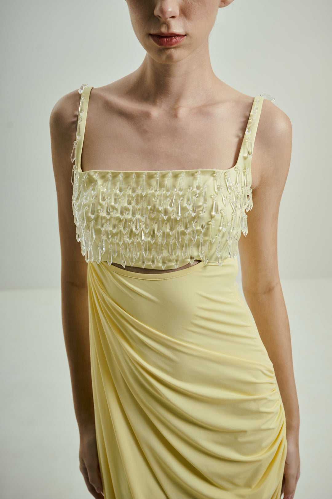 BUTTER YELLOW DRAPED GOWN WITH CRYSTAL-EMBELLISHED BUST