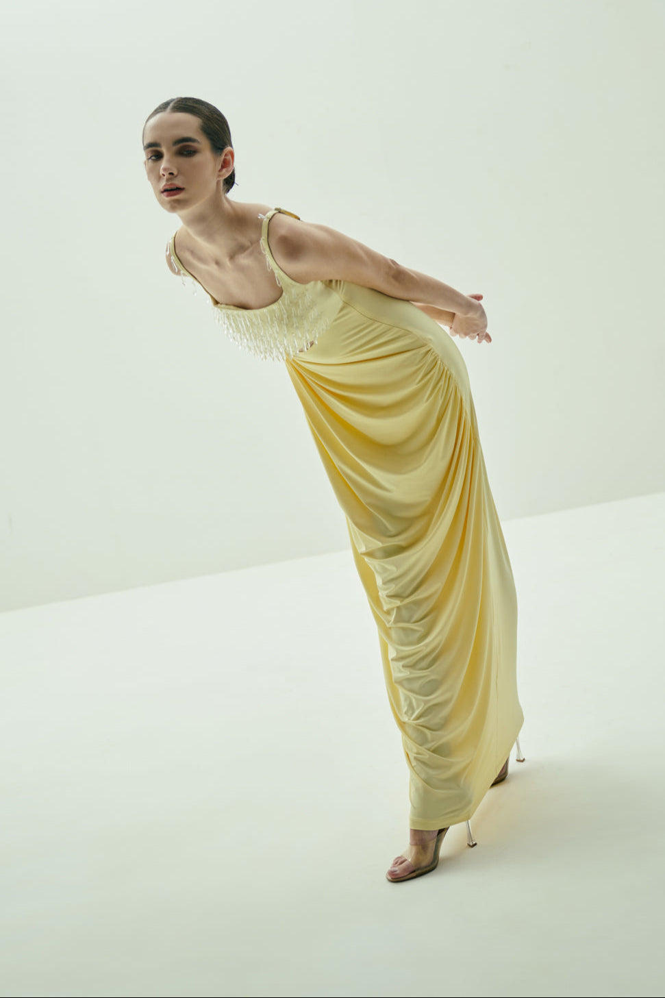 BUTTER YELLOW DRAPED GOWN WITH CRYSTAL-EMBELLISHED BUST