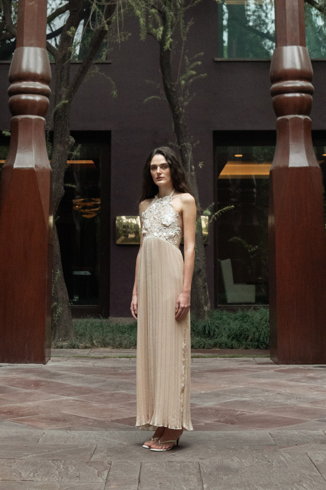 BEIGE HALTER PLEATED GOWN