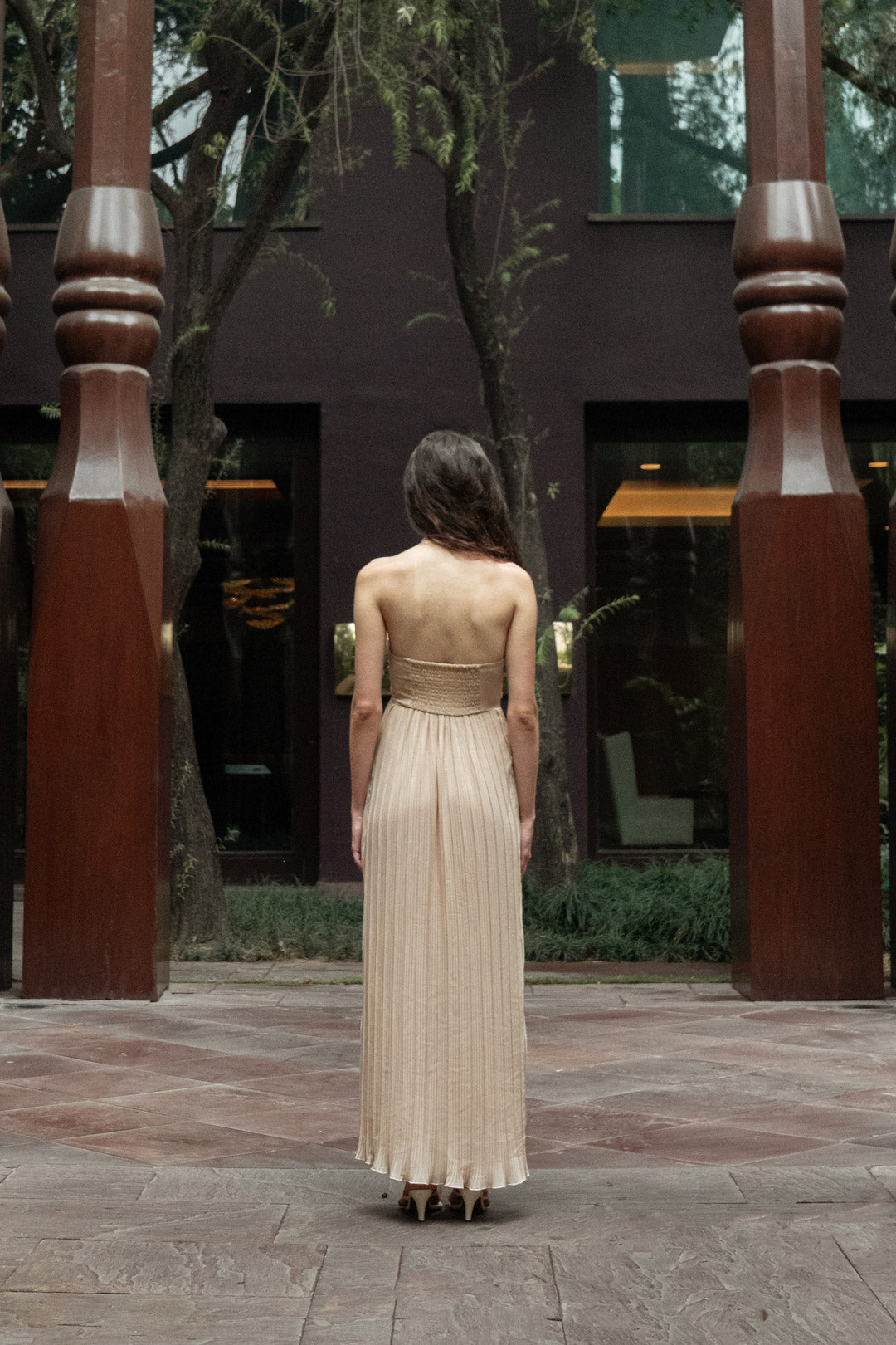 BEIGE HALTER PLEATED GOWN