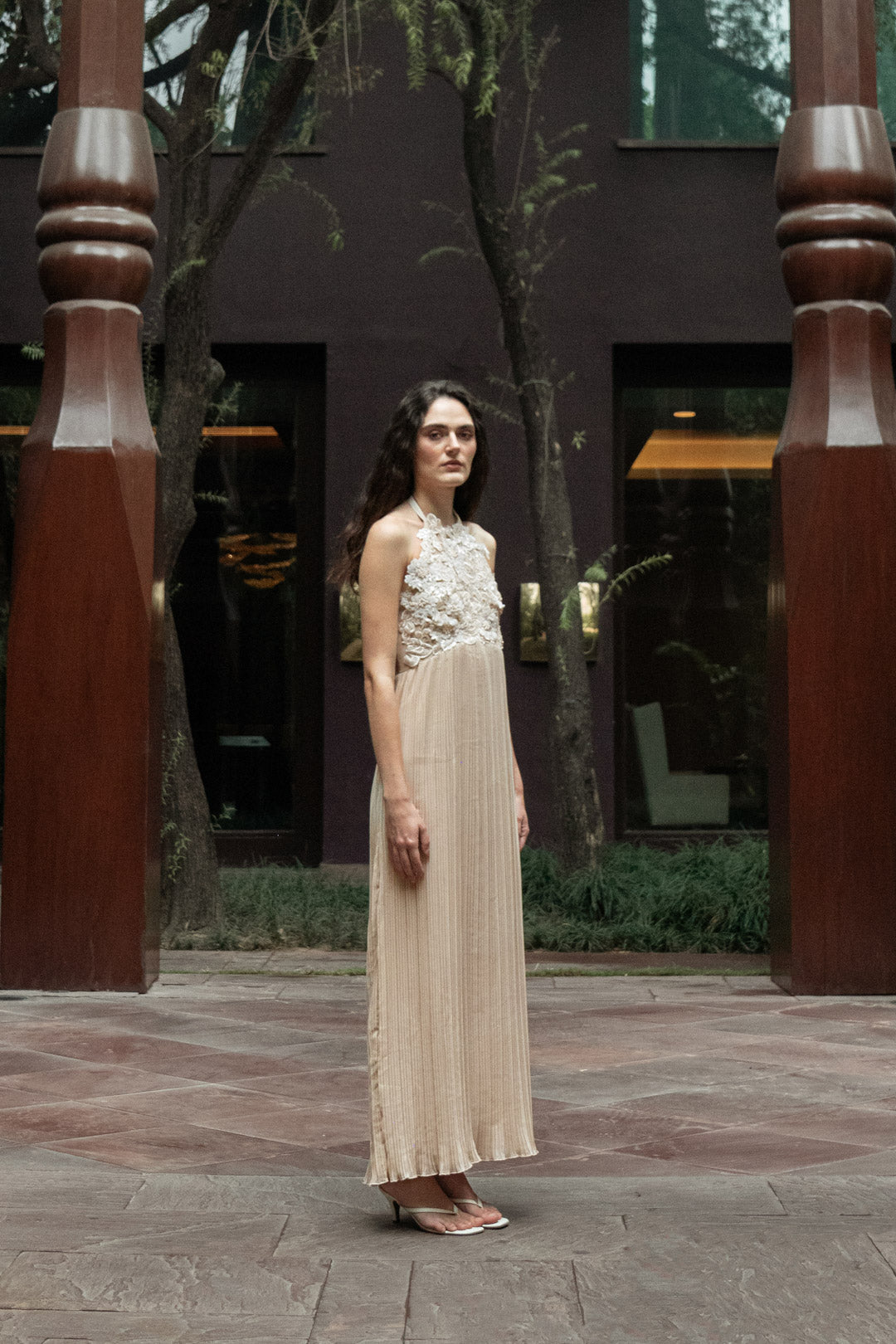 BEIGE HALTER PLEATED GOWN