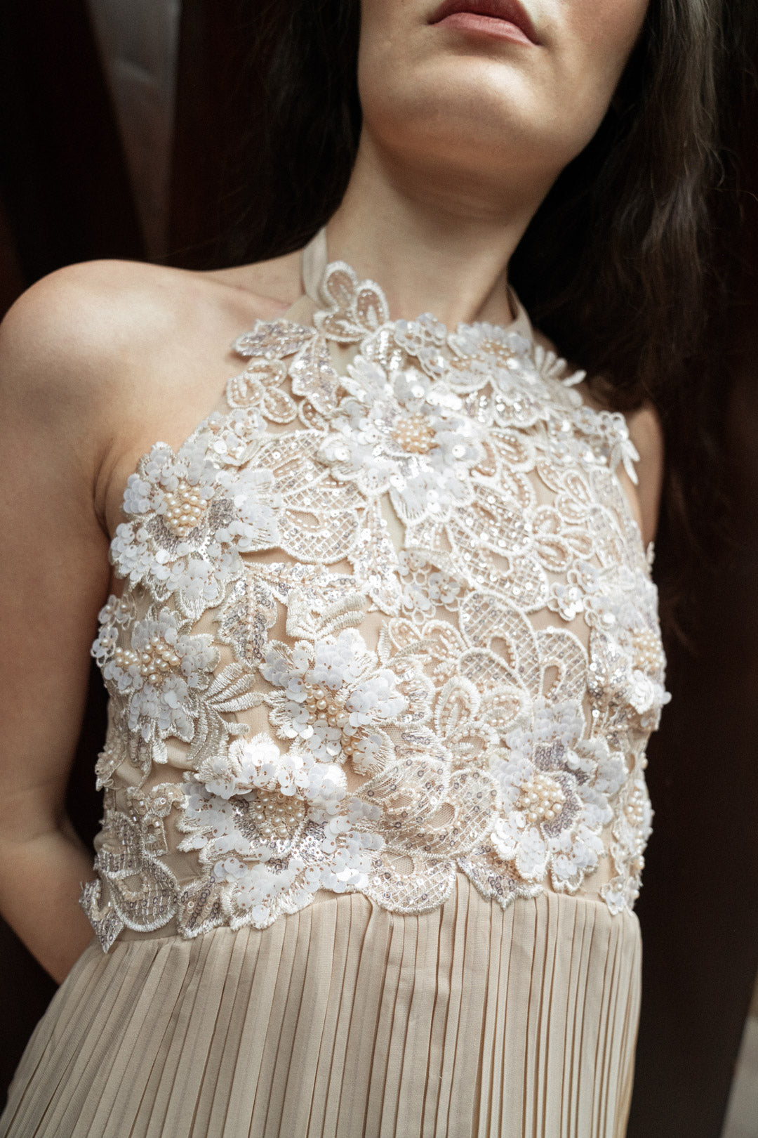 BEIGE HALTER PLEATED GOWN