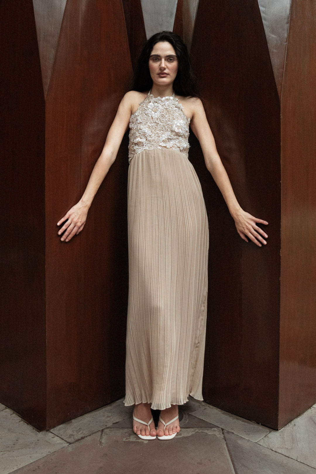 BEIGE HALTER PLEATED GOWN