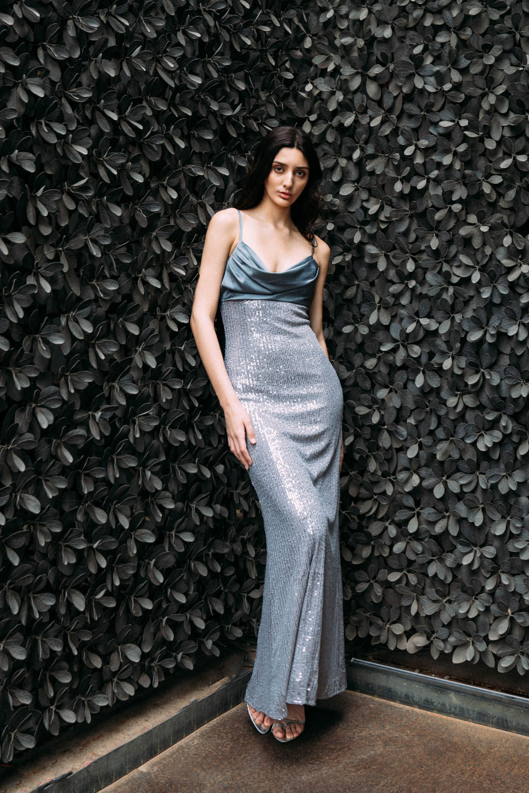 SILVER SEQUIN GOWN WITH DRAPED SATIN BODICE