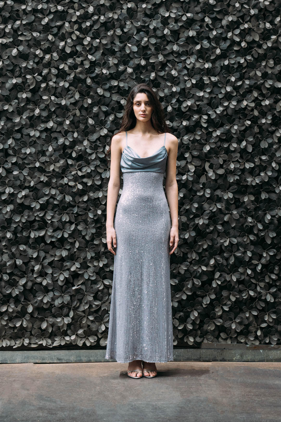 SILVER SEQUIN GOWN WITH DRAPED SATIN BODICE