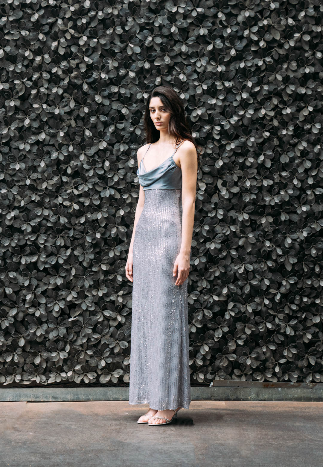 SILVER SEQUIN GOWN WITH DRAPED SATIN BODICE