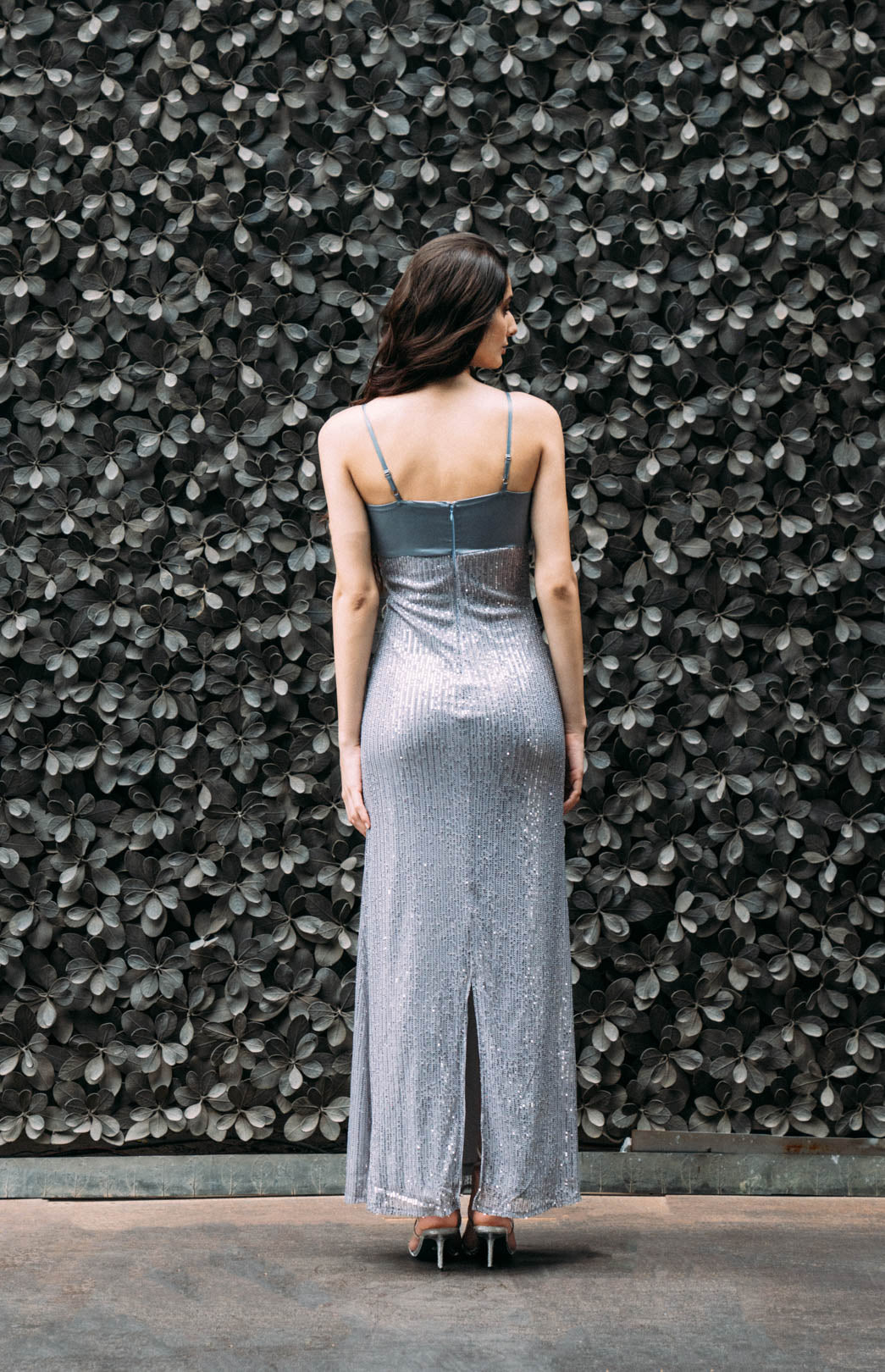SILVER SEQUIN GOWN WITH DRAPED SATIN BODICE