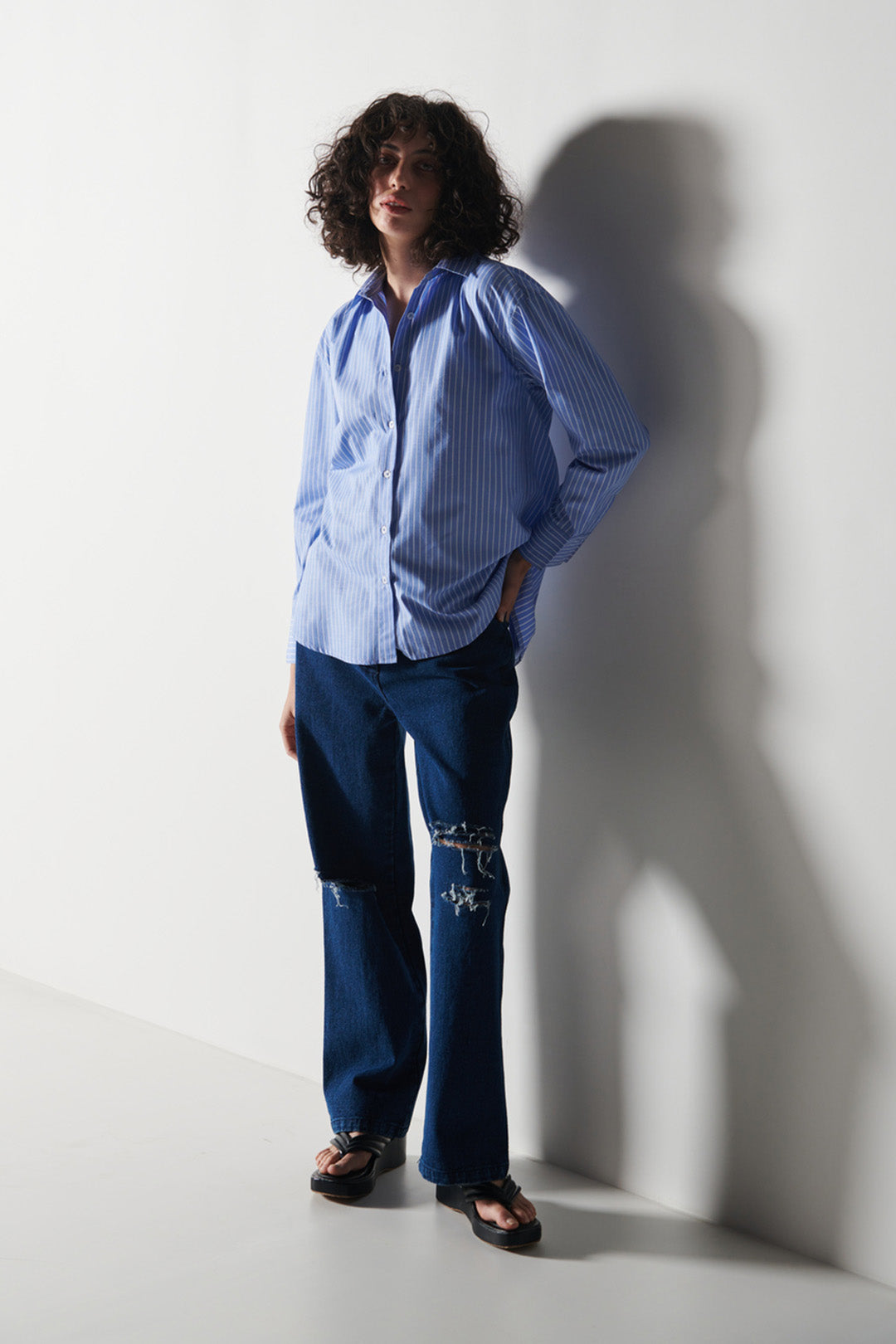 Pin Stripe Shirt With Distressed Jeans