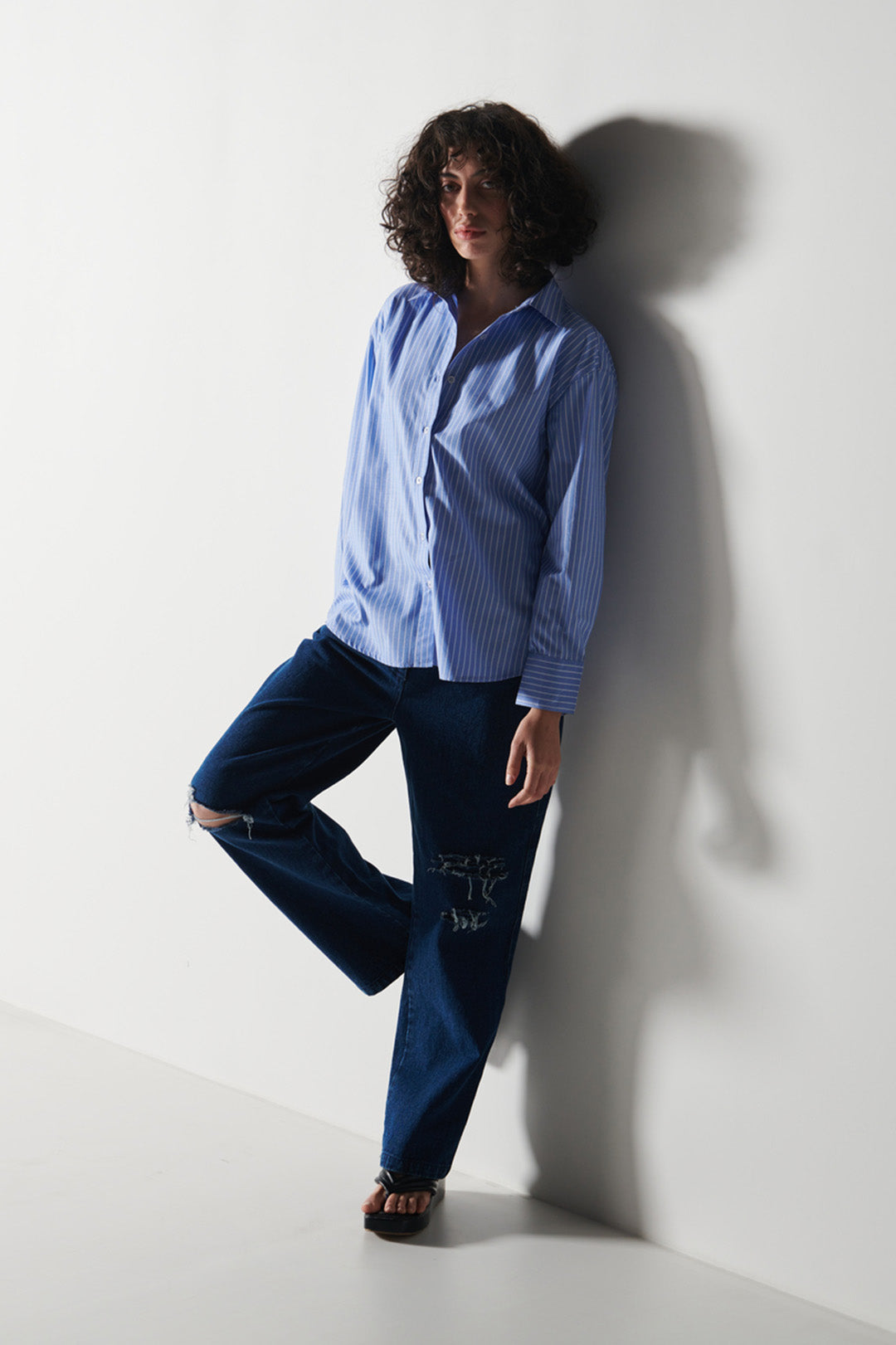 Pin Stripe Shirt With Distressed Jeans