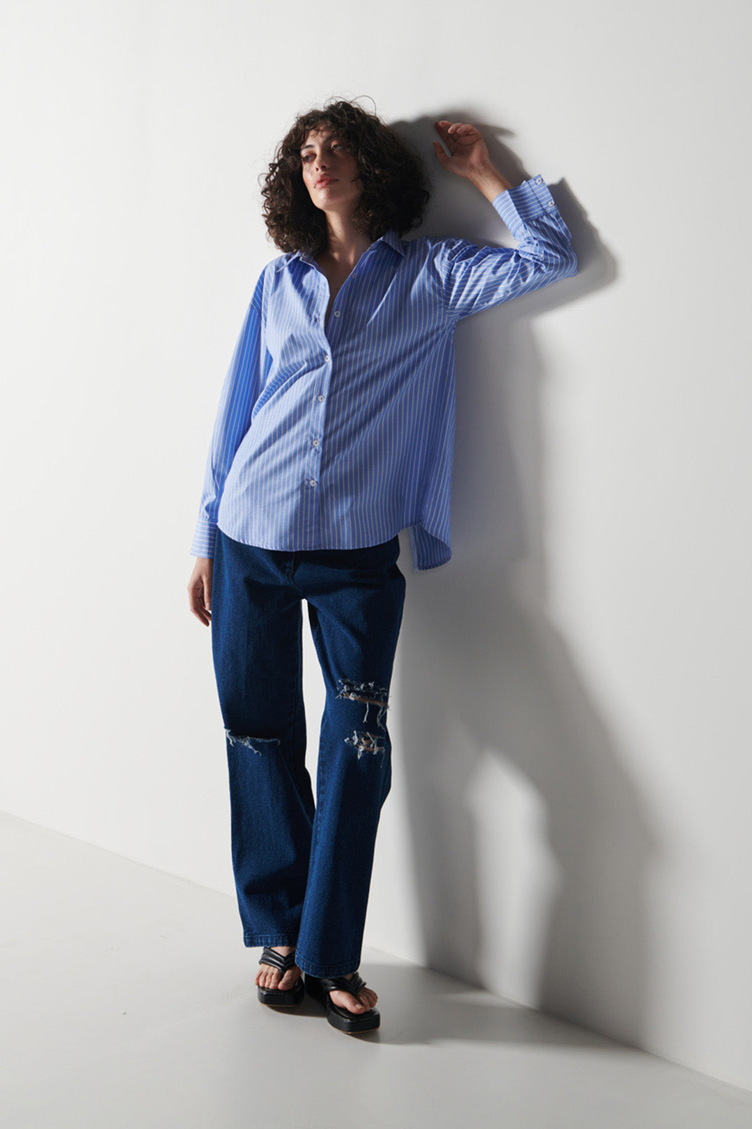 Pin Stripe Shirt With Distressed Jeans