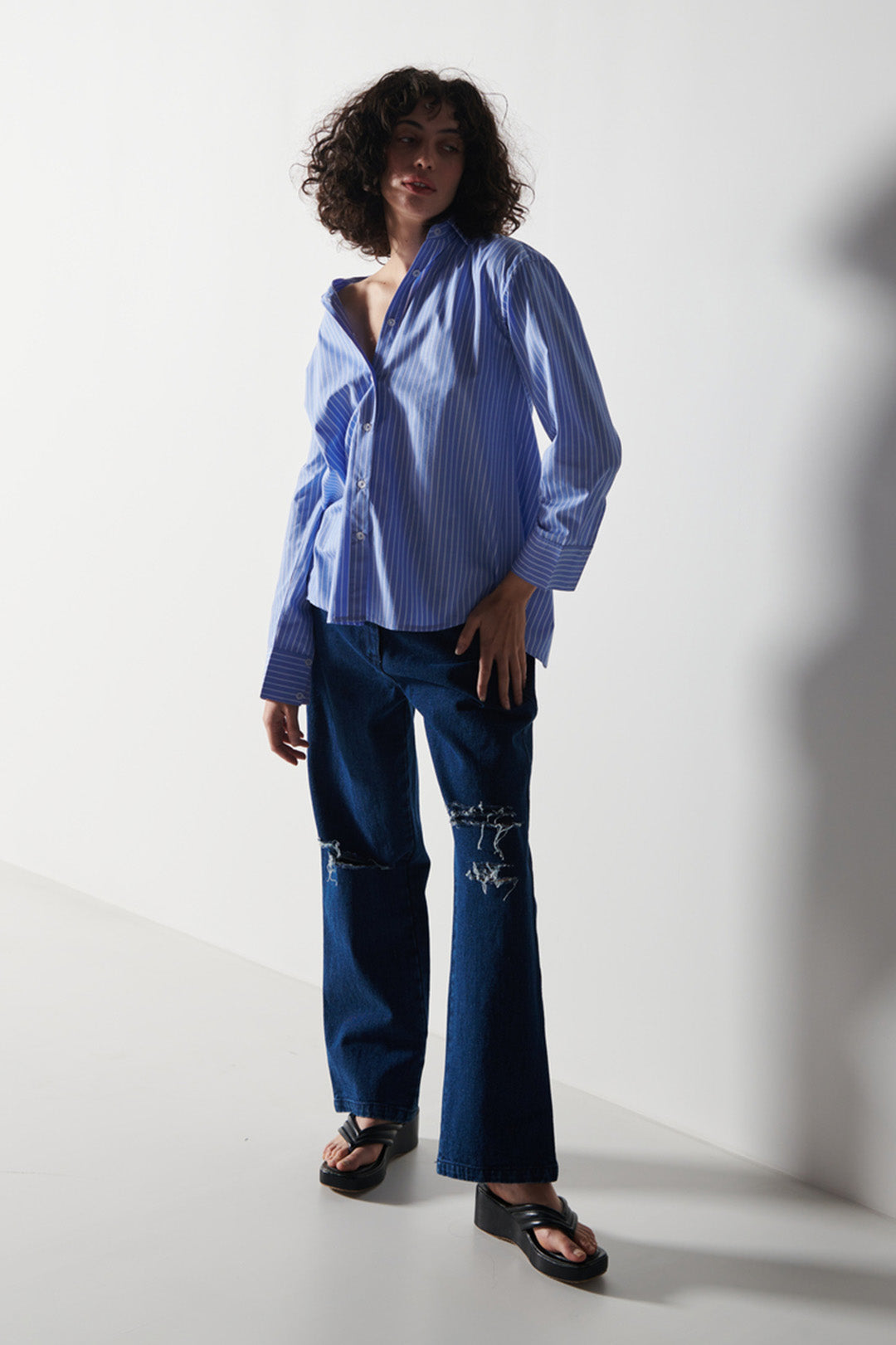 Pin Stripe Shirt With Distressed Jeans