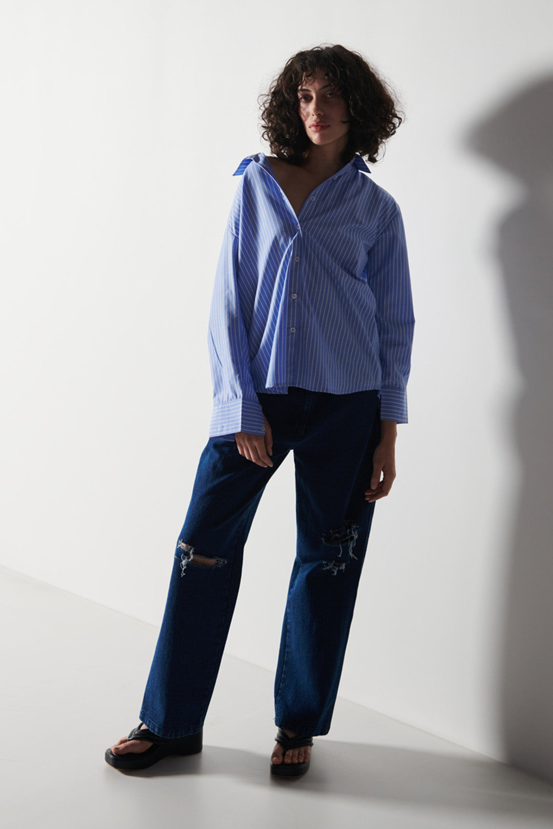 Pin Stripe Shirt With Distressed Jeans