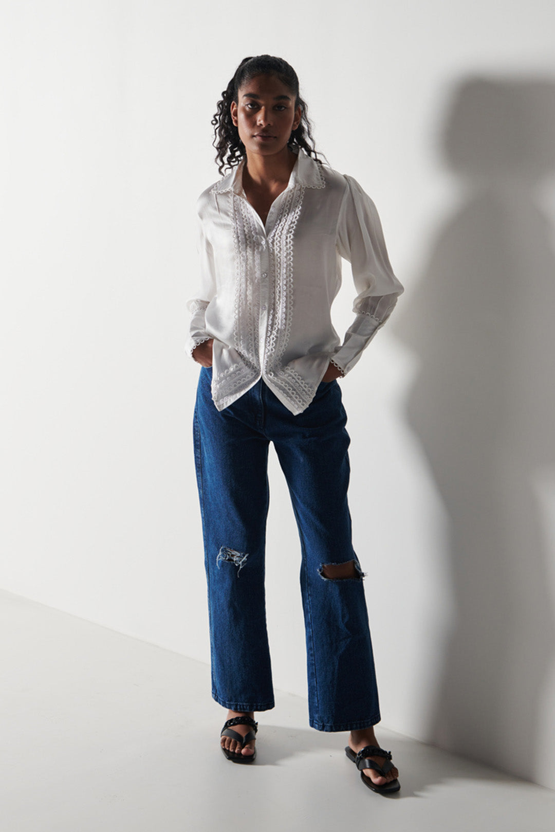 Satin Shirt Set With Ripped Jeans