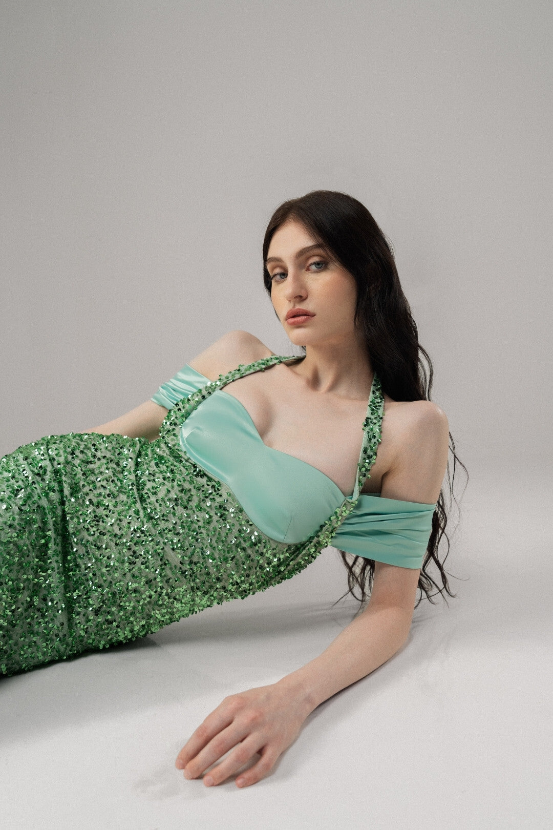 GREEN SEQUIN COLD-SHOULDER MINI DRESS